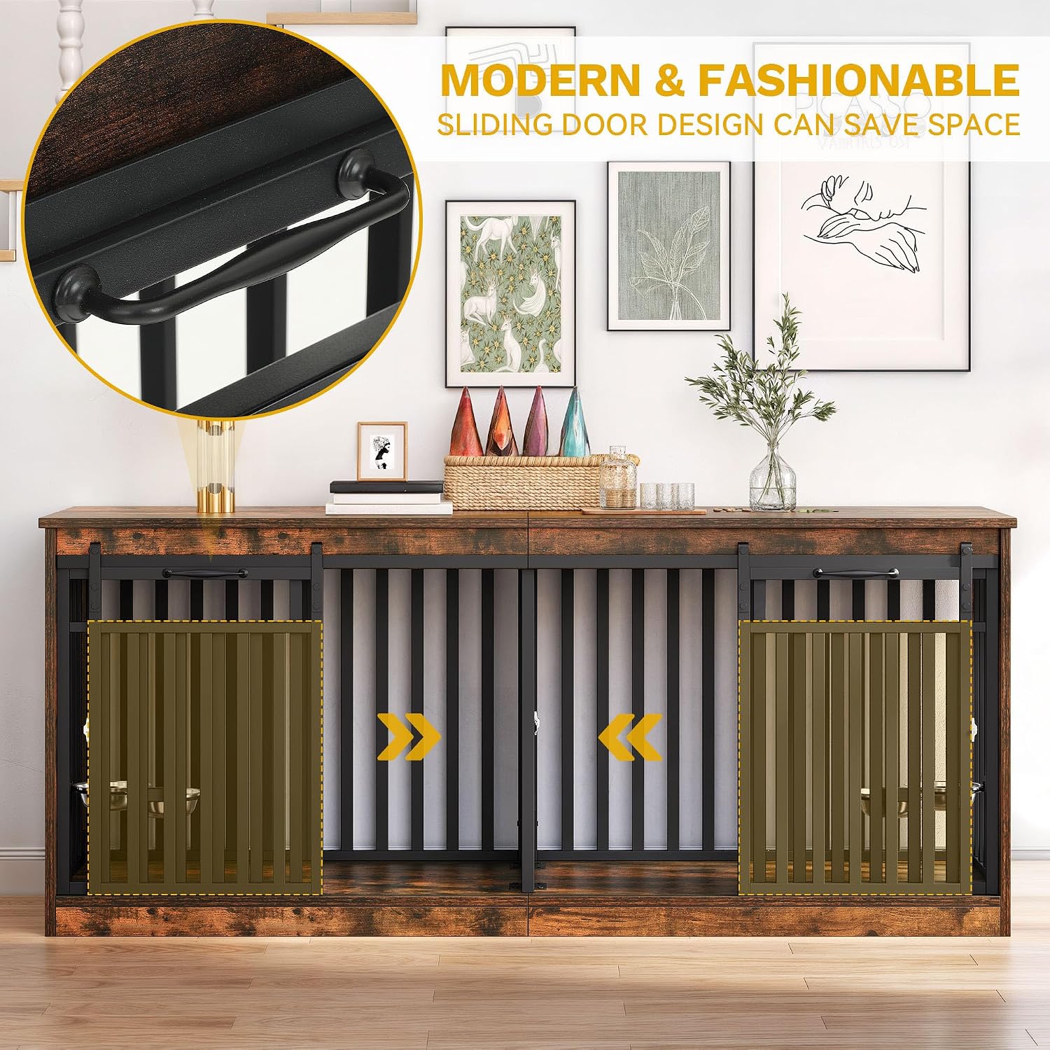 DWVO 71' Double Dog Crate Furniture for 2 Medium Dogs, Heavy Duty Wood Dual Dog Kennel TV Stand with Sliding Doors, Decorative Wooden 2 Dog Cage Table with Dog Bowls for Extra Large Dogs Rustic Brown