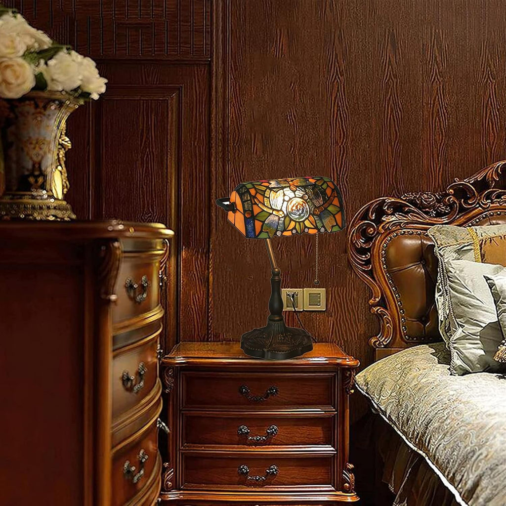 Tiffany Style Bankers Table Lamp Stained Glass Piano Desk Lamp Vintage Bedroom Bedside Lamp for Study,Antique Alloy Base,Zipper Switch,Dragonfly b