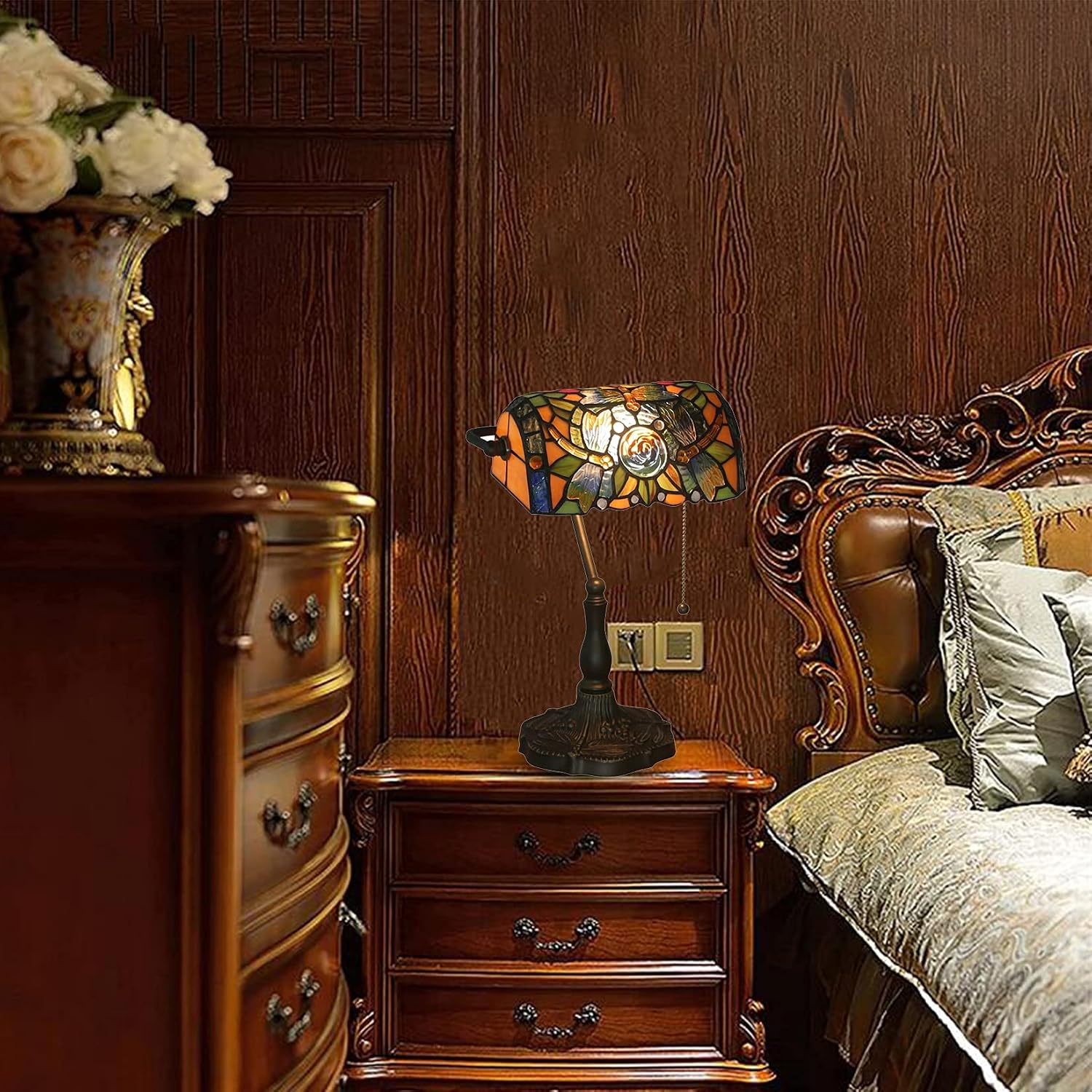 Tiffany Style Bankers Table Lamp Stained Glass Piano Desk Lamp Vintage Bedroom Bedside Lamp for Study,Antique Alloy Base,Zipper Switch,Dragonfly b