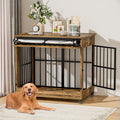 42' Large Dog Crate Furniture, Double Door Wooden Indoor Dog Kennel Furniture, Pet Cage Decorative with Wheels for Large Breed Dogs, Size XL, Rustic Brown