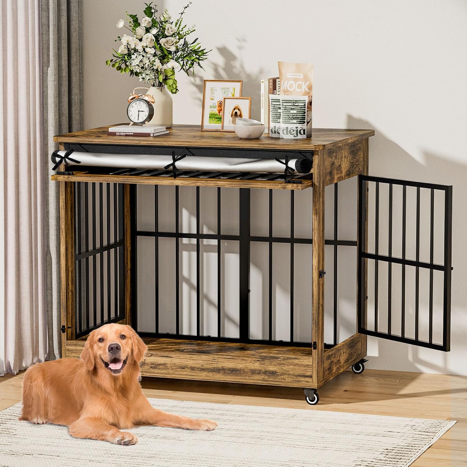 42' Large Dog Crate Furniture, Double Door Wooden Indoor Dog Kennel Furniture, Pet Cage Decorative with Wheels for Large Breed Dogs, Size XL, Rustic Brown