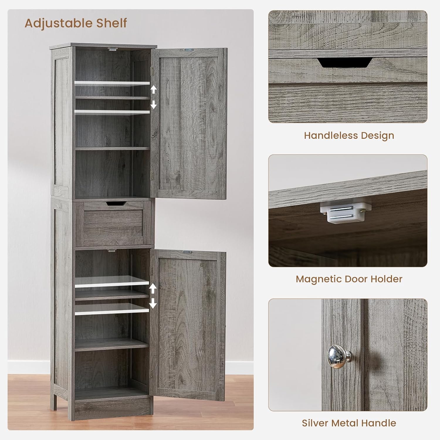 Iwell 67' Tall Bathroom Cabinet with Adjustable Shelves & 1 Drawer, Storage Cabinet with 2 Doors, Narrow Tall Cabinet, Floor Cabinet for Bathroom, Living Room, Home Office, Grey