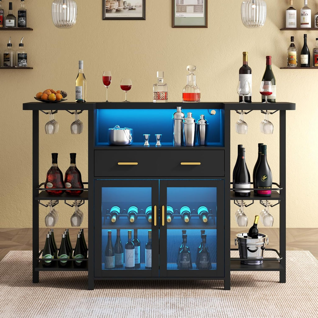 Loomie Bar Table Cabinet with LED Lights & Drawer, 8-Tier Wine Bar Cabinet with Wine Rack & Stemware Holder, Home Bar Unit Liquor Cabinets with Glass Door, Crescent Shaped Counter for Home Pub (Black)