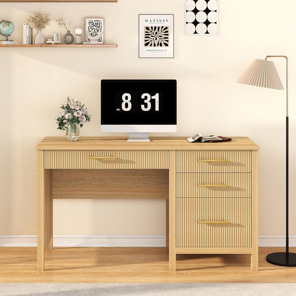 Modern Executive Desk with Drawers: 54' Oak Home Office Desks with File Drawers, Wood Fluted Computer Writing Desk for Work, Study, and Living Room (54')