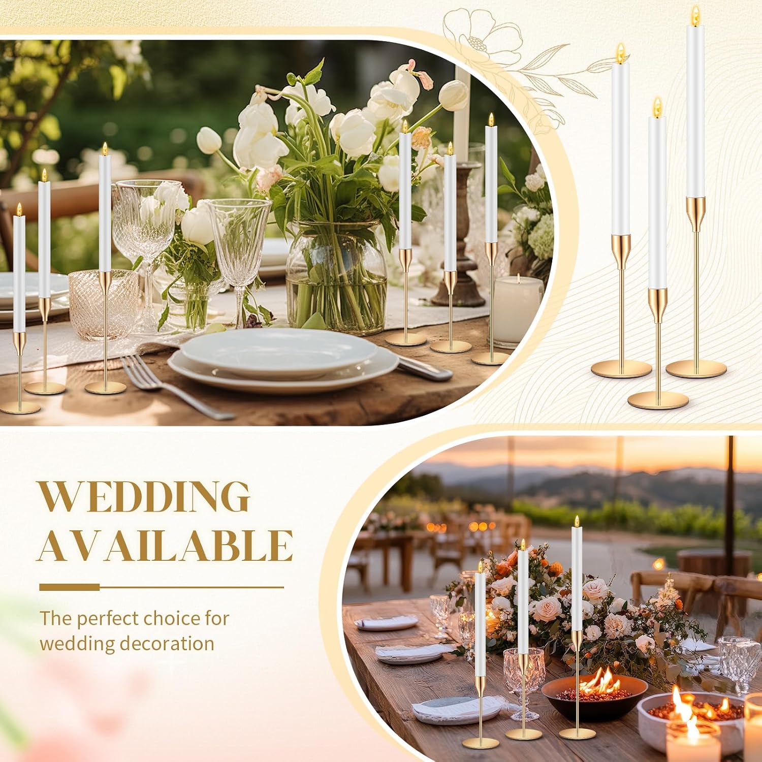 FillTouch 60 Pcs Gold Candlestick Holders with LED Flameless Candles Bulk Includes 30 Metal Candle Holders and 30 Battery Operated Candles for Wedding Table Centerpieces Home Decor(White)