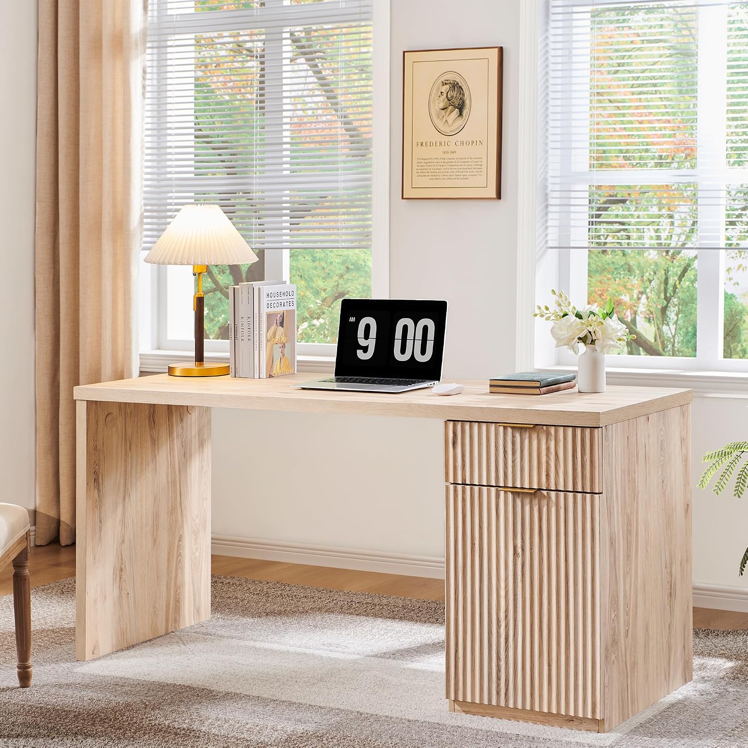 JXQTLINGMU 60' Modern Executive Desk with Storage, Wood Home Office Desk with Drawer & Cabinet, Fluted Computer Writing Desk for Study, Living Room, Bedroom, Oak