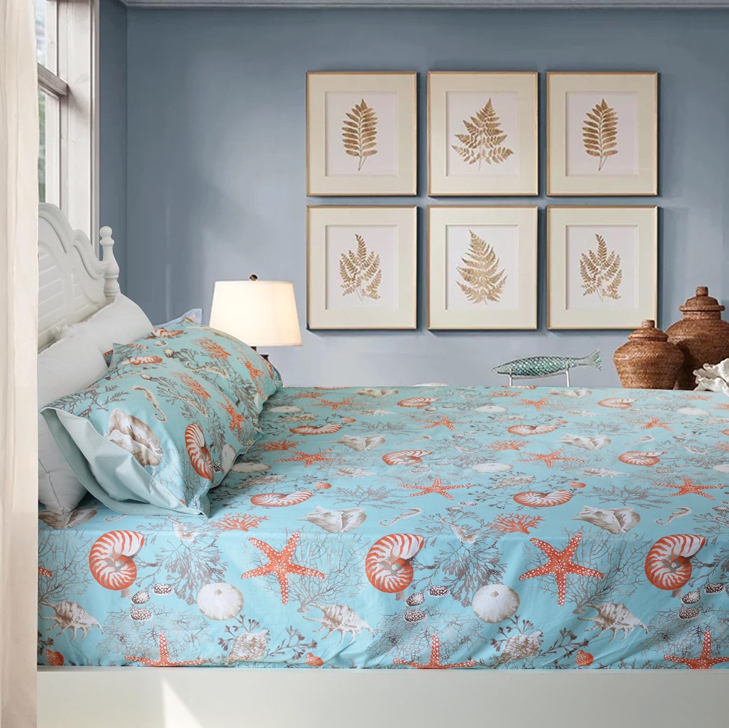 Brandream Luxury Nautical Bedding Queen Size Sheets Set Egyptian Cotton Coastal Beach Bed Sheet Set Deep Pockets 18 Inch 4-Piece Bed Sheets
