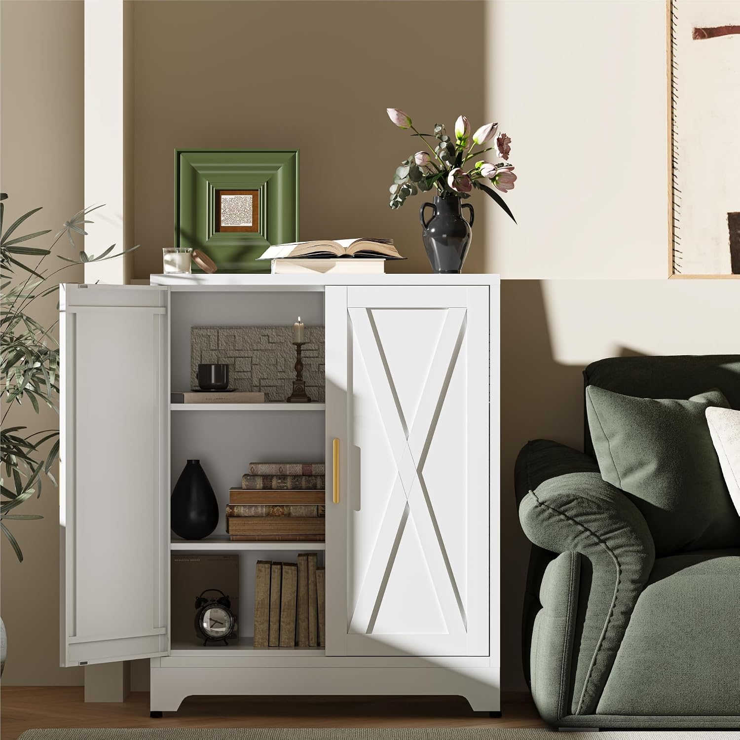 Metal Locker Cabinet, White Farmhouse Storage Cabinets with 2 Doors and Adjustable Shelves, 3 Tier Modern Storage Freestanding Sideboard for Living Room,School,Office Home Kitchen