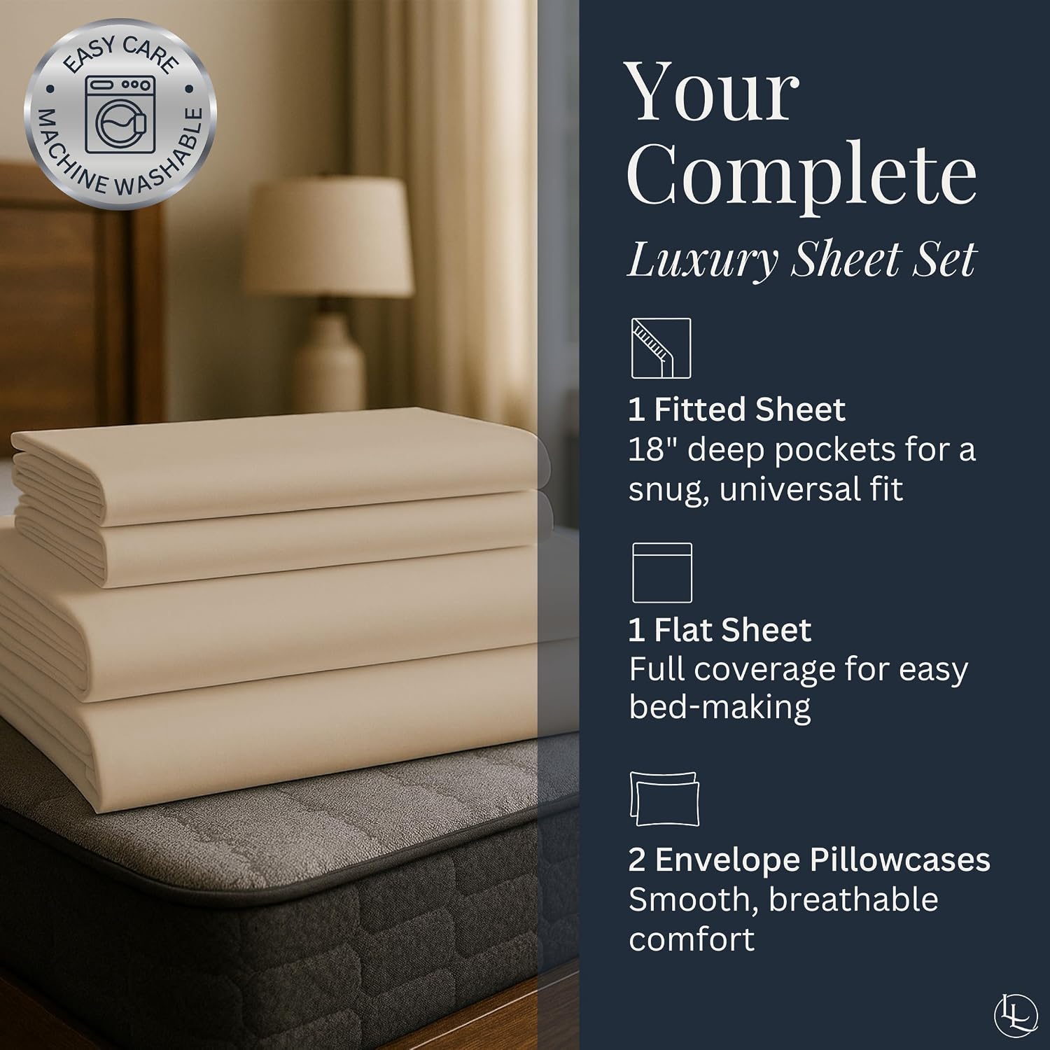 Linden & Lain Luxury King Size Bed Sheet Set | Organic Ultra Soft Bed Sheets | Viscose Derived from Bamboo | Microfiber | 18' Deep Pocket with Upgraded Elastic | Best Cooling Technology | Dune