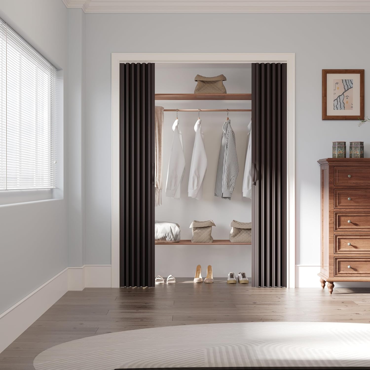120' x 80' Accordion Door Interior, Walnut PVC Powerful Magnetic Folding Door and Hardware Kit Included, Multifold Bifold Closet Doors for Closet Bathroom Doorway 98-120' x 80'