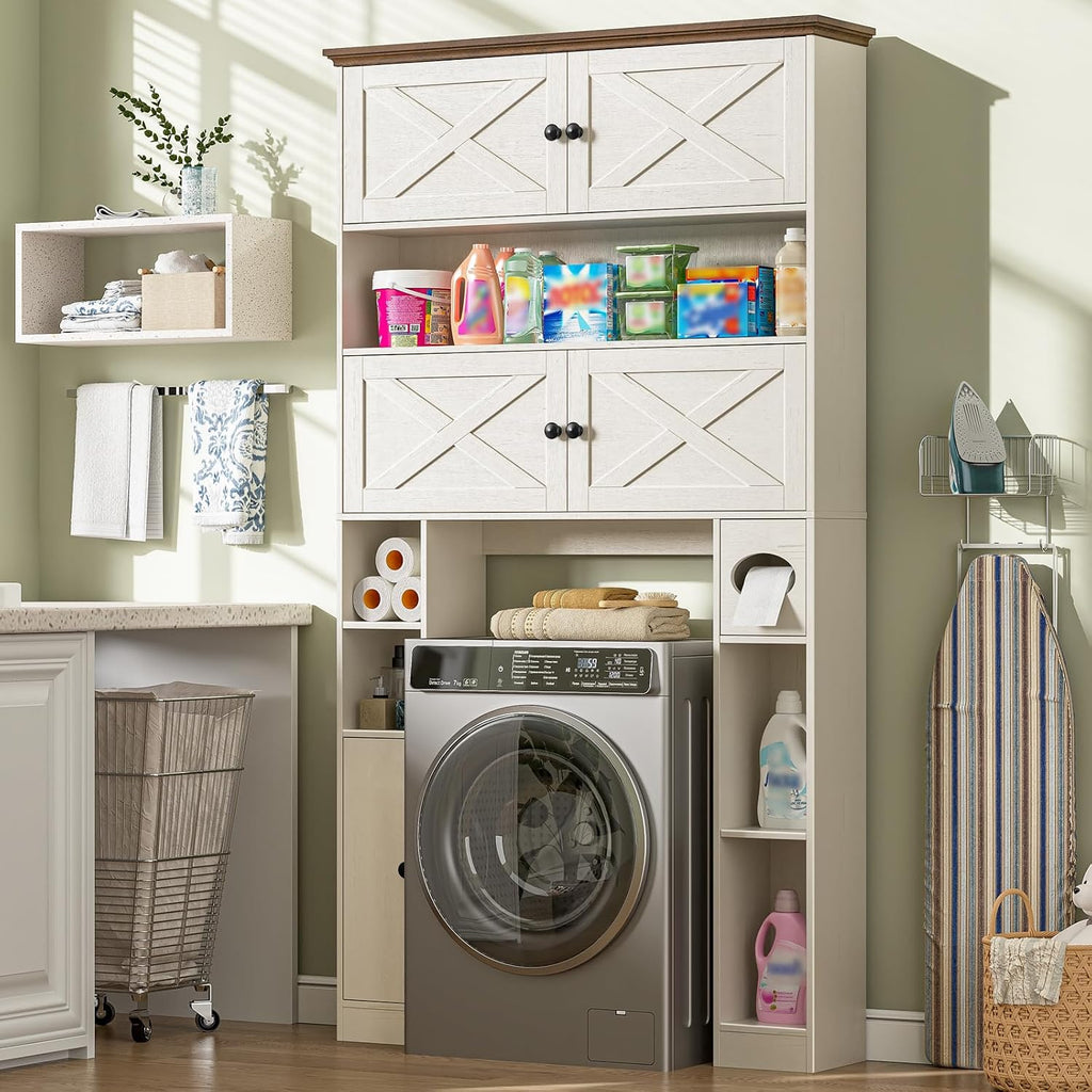 Over The Toilet Storage Cabinet, Farmhouse Storage Over Toilet with 4 Barn Doors & Adjustable Shelf, Space Saving Bathroom Organizer with Toilet Paper Holder Stand for Bathroom, Laundry, Rustic White