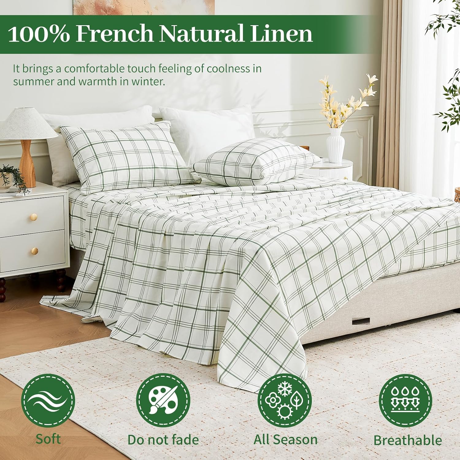 MEISHANG 100% French Pure Linen Sheets Queen Size - Bed Sheets 4 Piece Sets, Soft Durable Flax Linen, Anti-Tear Breathable Moisture Wicking with 16' Deep Pocket (Green Plaid)