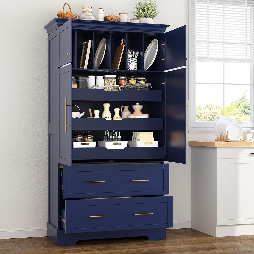 Freestanding Kitchen Pantry Storage Cabinet, 72.6''H Tall Wooden Kitchen Organizers with 2 Doors, Pull-Out Trays, 2 Drawers and Cake Pan Storage for Dining Room Living Room (Blue-1.12)