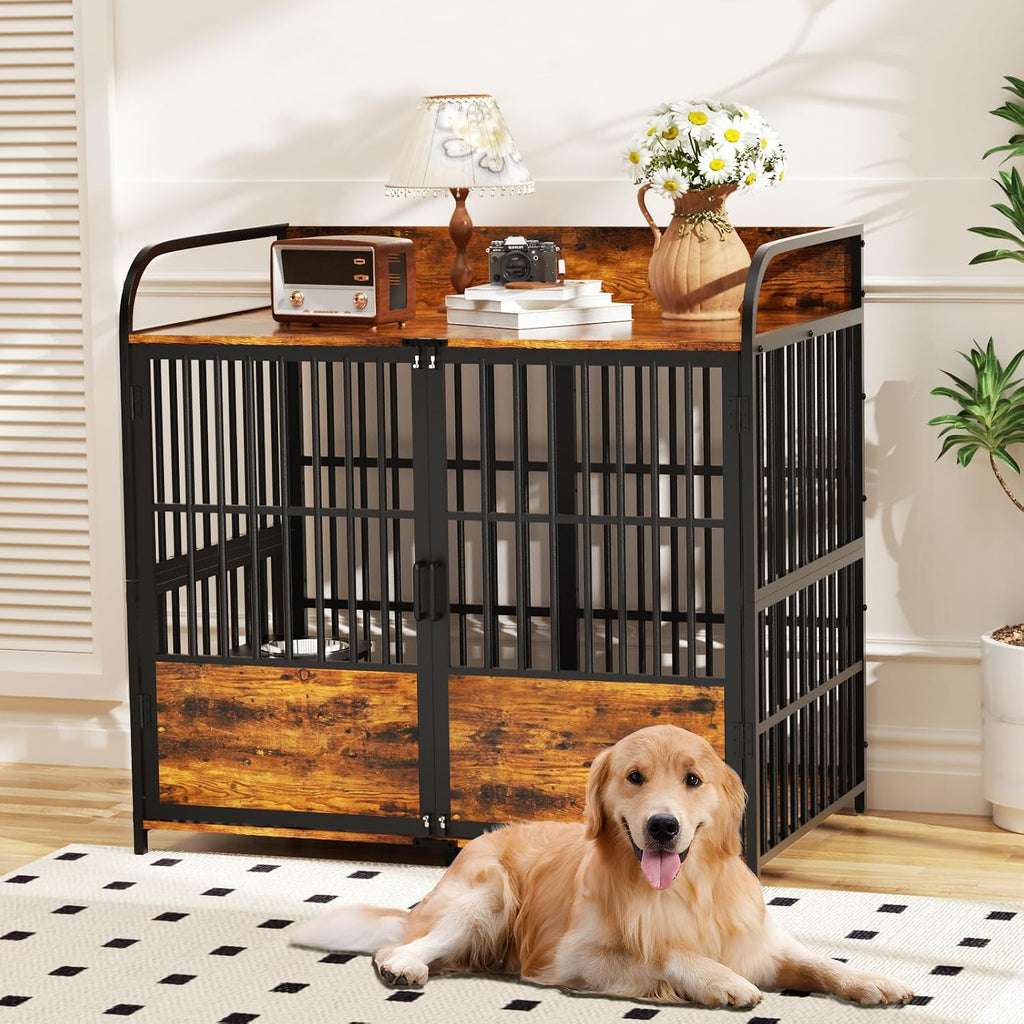 BEURUKU XL Dog Crate Furniture, Large Dog Kennel Indoor with 2 Adjustable Bowls, Heavy Duty Dog Crate for Large Dogs 48 Inch, Wooden Dog Cage Brown, 48' L X 30' W X 45' H