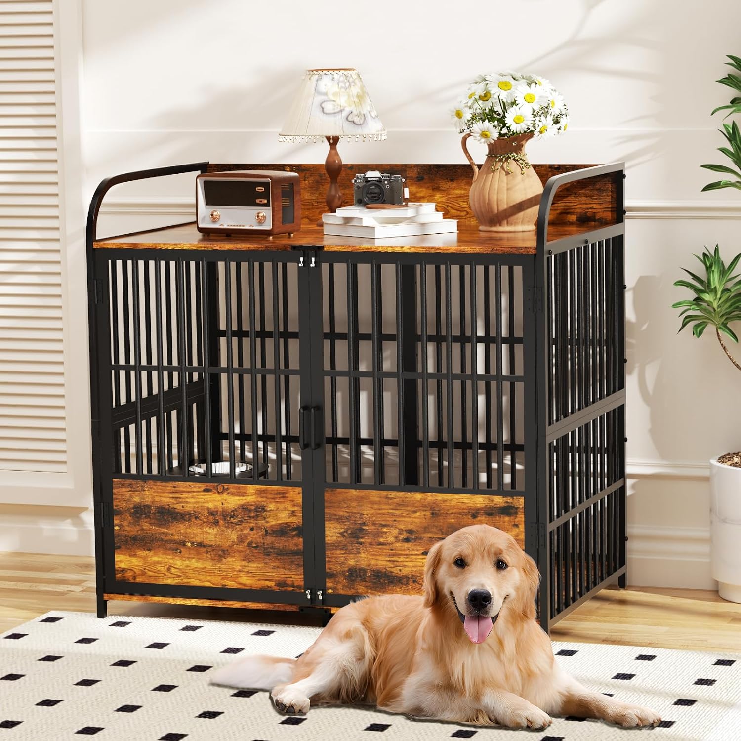 BEURUKU XL Dog Crate Furniture, Large Dog Kennel Indoor with 2 Adjustable Bowls, Heavy Duty Dog Crate for Large Dogs 48 Inch, Wooden Dog Cage Brown, 48' L X 30' W X 45' H