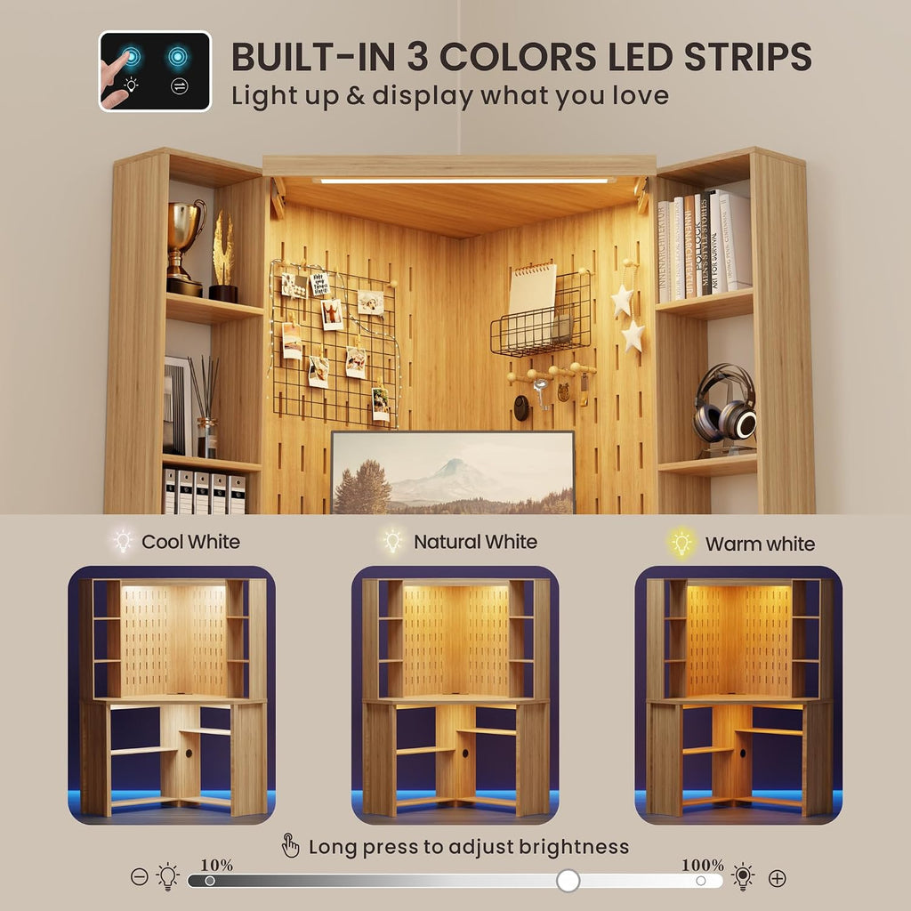 Corner Desk with - LED Reading Light, L-Shaped Computer Desk w/Hutch & Shelves, Home Office Desk w/Charging Station for Work & Study, File Cabinet Storage Bookshelf for Small Space (Natural)
