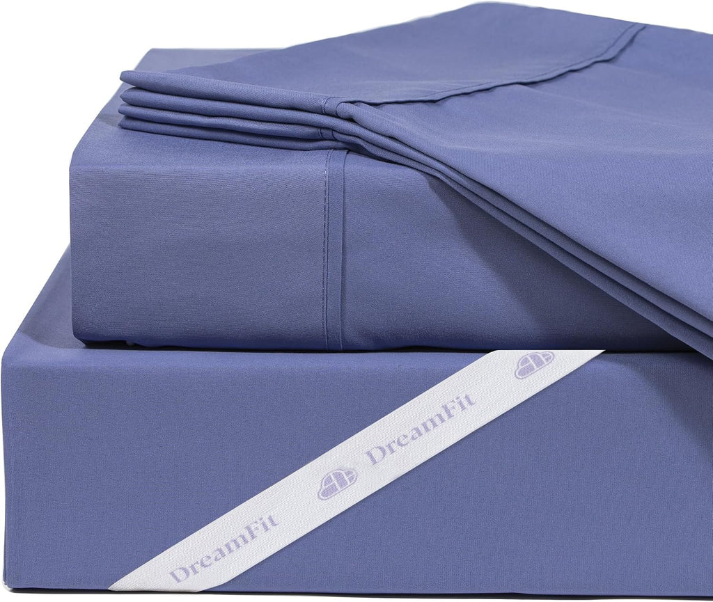 DreamFit DreamChill Cooling Bamboo Viscose Sheets for Hot Sleepers with Elastic Corner Straps 20 inch Extra Deep Pocket Breathable Silky Soft 100% Crafted in USA Queen Sheet Set Blue