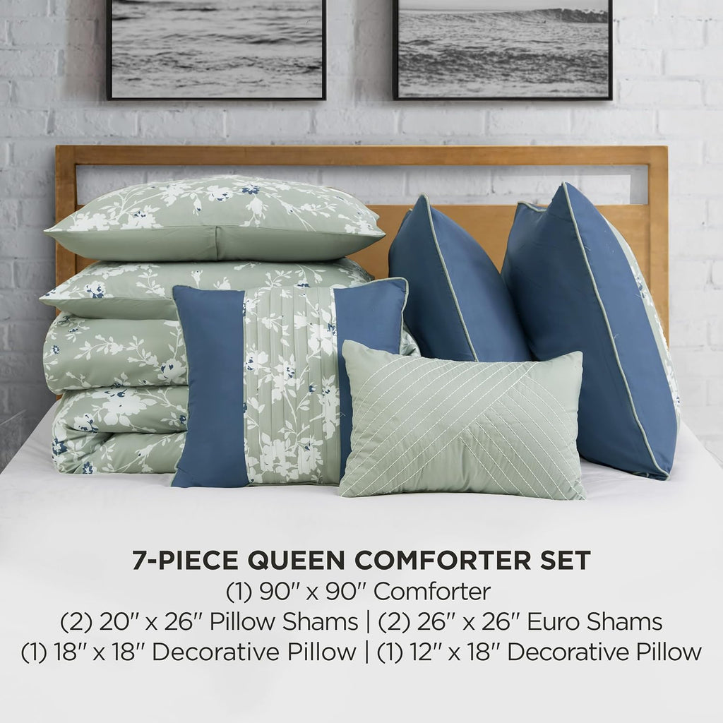 Lucky Brand Fianna Sage Green Floral Luxury 7 Piece Comforter Bedding Set - Full/Queen Size Comforter Set