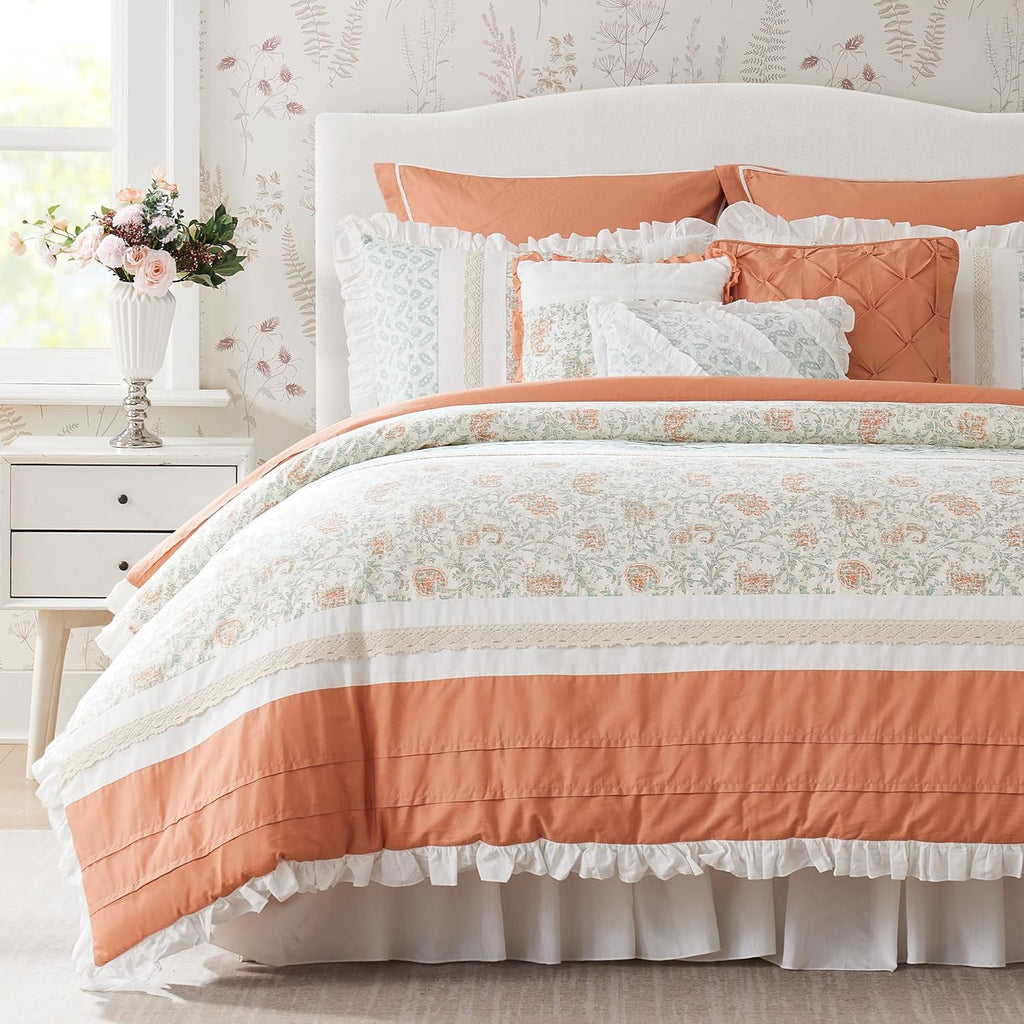 Madison Park Dawn 100% Cotton Shabby Chic Comforter Set-Modern Cottage Design All Season Down Alternative Bedding, Matching Shams, Bedskirt, Decorative Pillows, Cal King(104'x92'), Coral 9 Piece