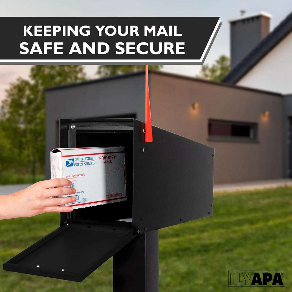 Ilyapa Modern Angle Design Post Mount Modern Mailbox - Black Exterior Powder Coated Steel, All Weather & Corrosion Resistant, Stainless Steel Hinges