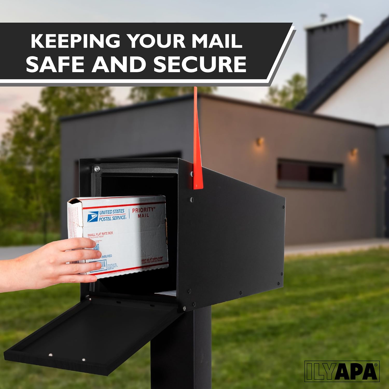 Ilyapa Modern Angle Design Post Mount Modern Mailbox - Black Exterior Powder Coated Steel, All Weather & Corrosion Resistant, Stainless Steel Hinges