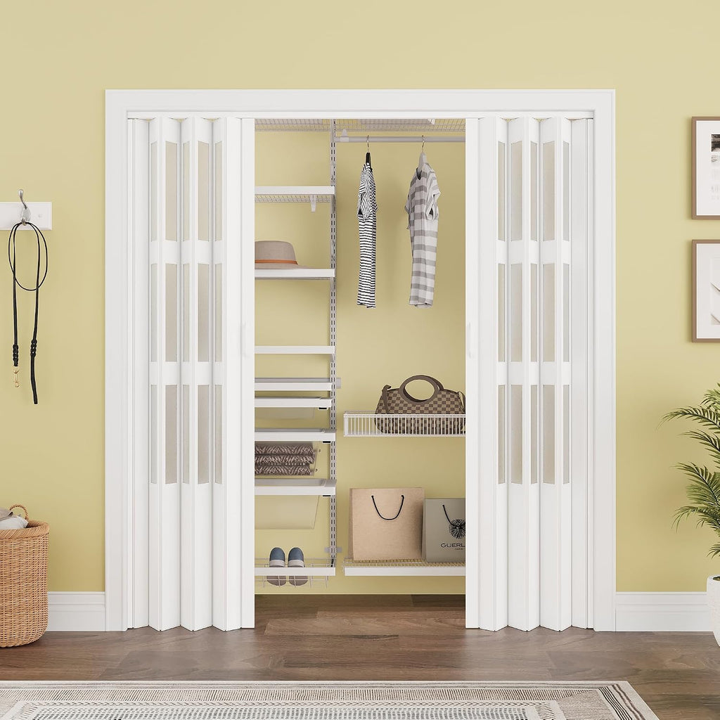 WINSTELLAR 72' x 80' Enhanced Accordion Doors with 3 Frosted Acrylic Panel, Bifold Closet Door Hardware Kit Included, PVC Interior Folding Doors with 4 Handles for Closet Bathroom Doorways