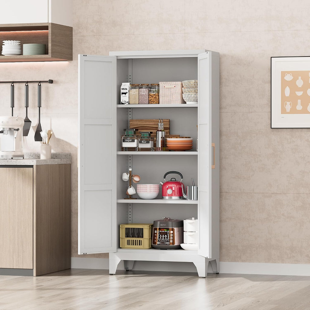 White Cabinet Metal Kitchen Pantry Storage Cabinet with Doors,61' Tall Food Storage Cabinets with Adjustable Shelves,Cupboard for Office,Dining Room and Bathroom