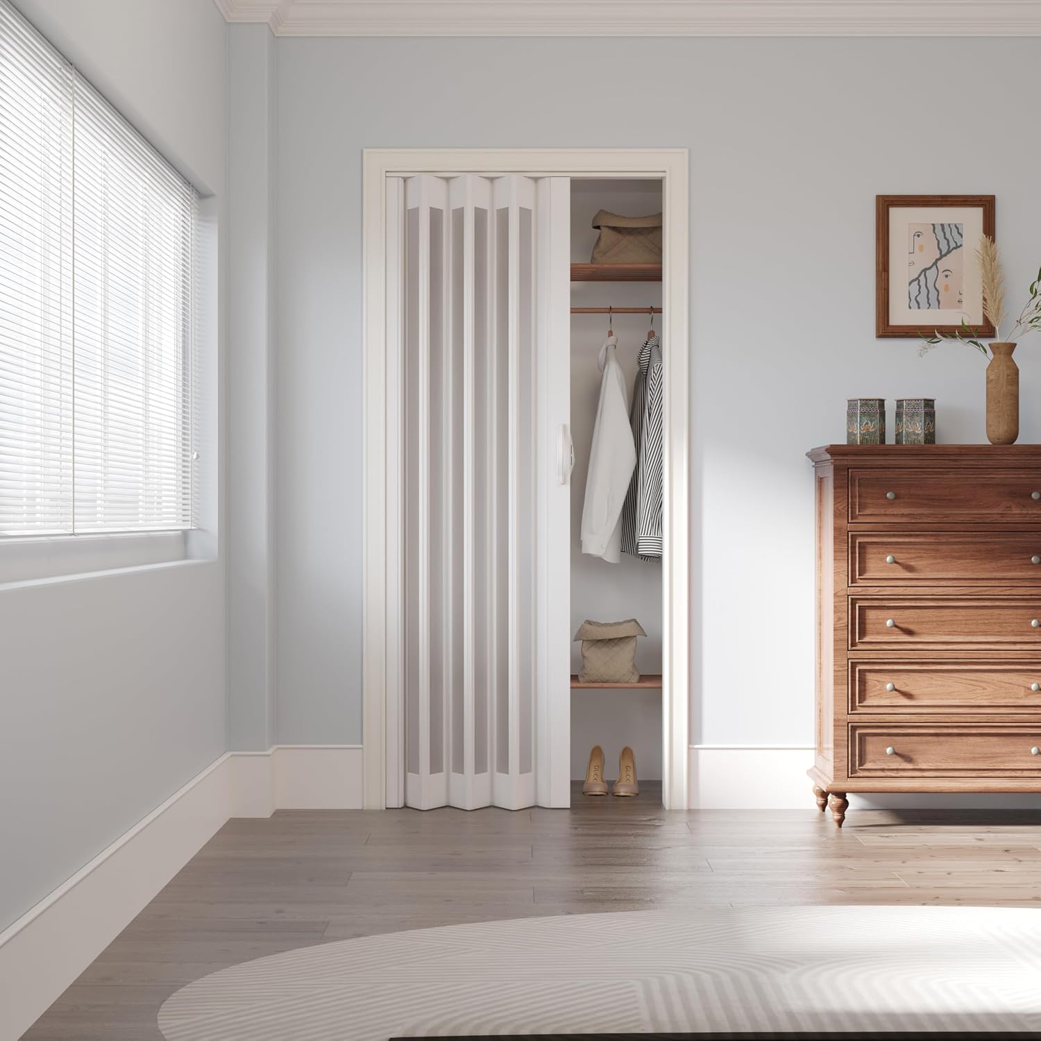 WINSTELLAR 36' x 80' Enhanced Accordion Doors with Frosted Acrylic Panel, Bifold Closet Door Hardware Kit Included, PVC Interior Folding Doors with 2 Handles for Closet Bathroom Doorways