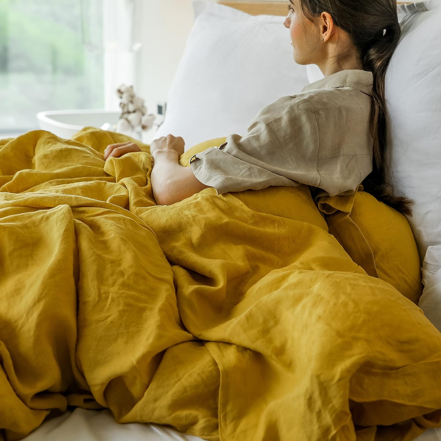 Simple&Opulence 100% Linen Duvet Cover Set 3pcs with Coconut Button Closure Natural French Washed Flax Solid Color Soft Breathable Farmhouse Bedding - Mustard Yellow, Queen Size
