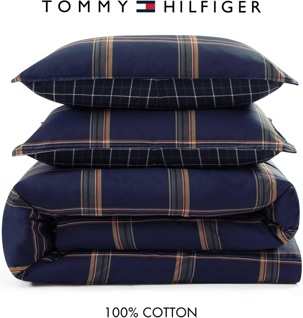 Tommy Hilfiger - Queen Duvet Covet Set, 100% Soft & Breathable Cotton Bedding, Lightweight for Year Round Comfort, 3 Piece Bed Set with Matching Button Closure Pillowcases (Beacon Plaid Blue)
