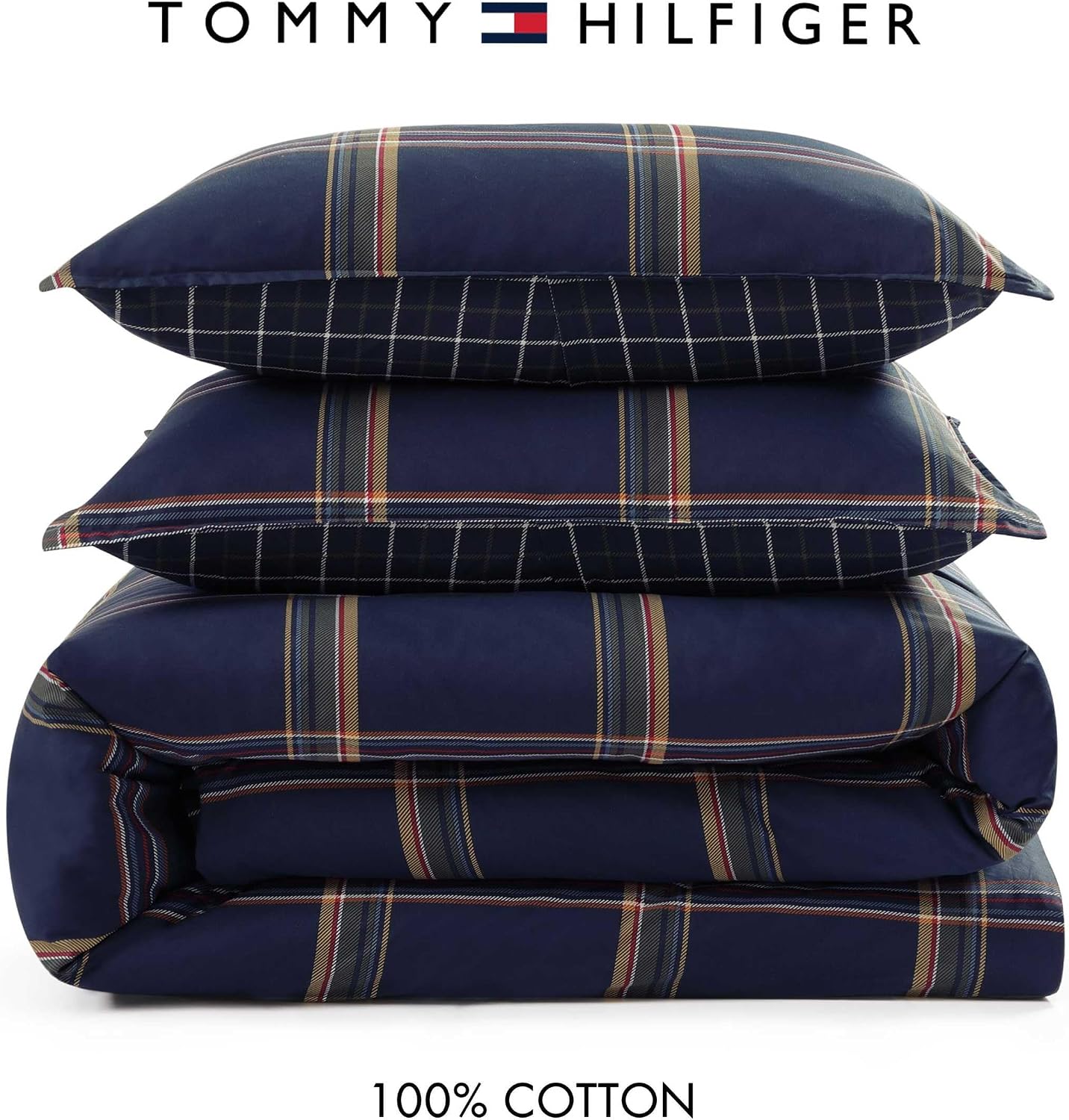 Tommy Hilfiger - Queen Duvet Covet Set, 100% Soft & Breathable Cotton Bedding, Lightweight for Year Round Comfort, 3 Piece Bed Set with Matching Button Closure Pillowcases (Beacon Plaid Blue)