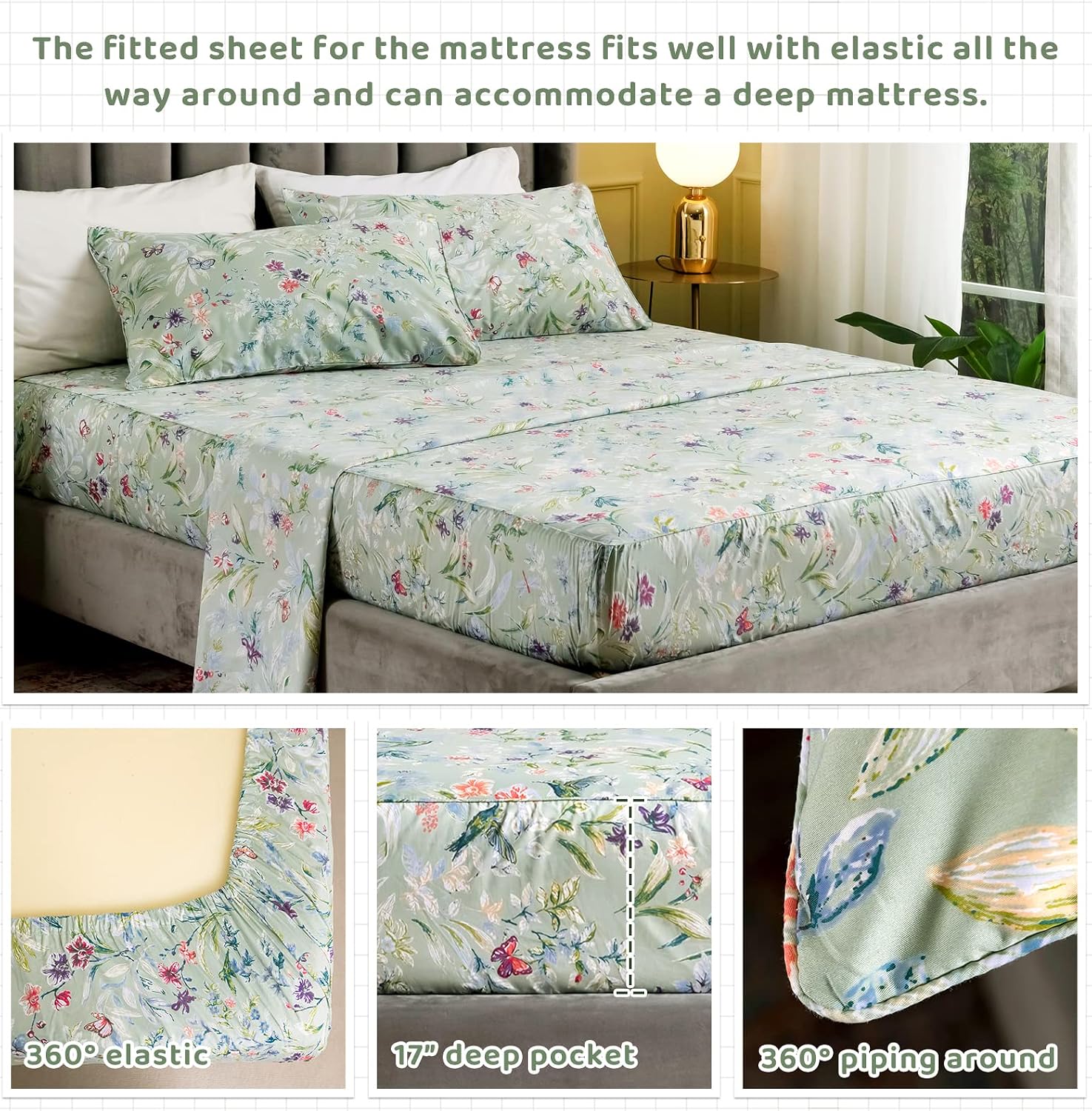 QSH Floral King Size Sheet Sets - Green Flower Bird Butterfly Print Botanical Bedding Egyptian Cotton Printed Sheets King Size Bed Extra Soft and Breathable 17.5' Deep Pockets Bed Sheets 4pcs