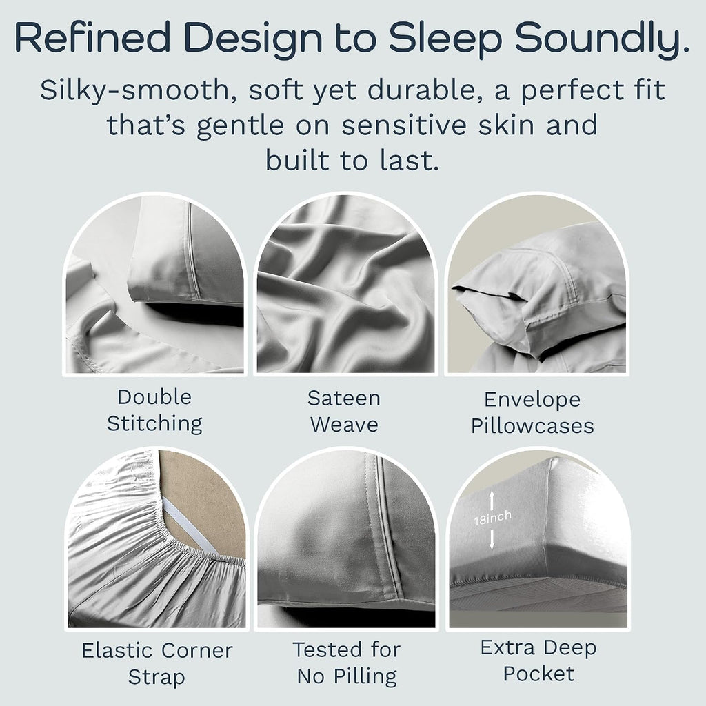 Olive + Crate Tencel Lyocell Eucalyptus Queen Size Sheet Set - Cooling Tencel Sheets for Hot Sleepers with 18 Inch Deep Pocket Fit - Gray Mist 4-Piece Set