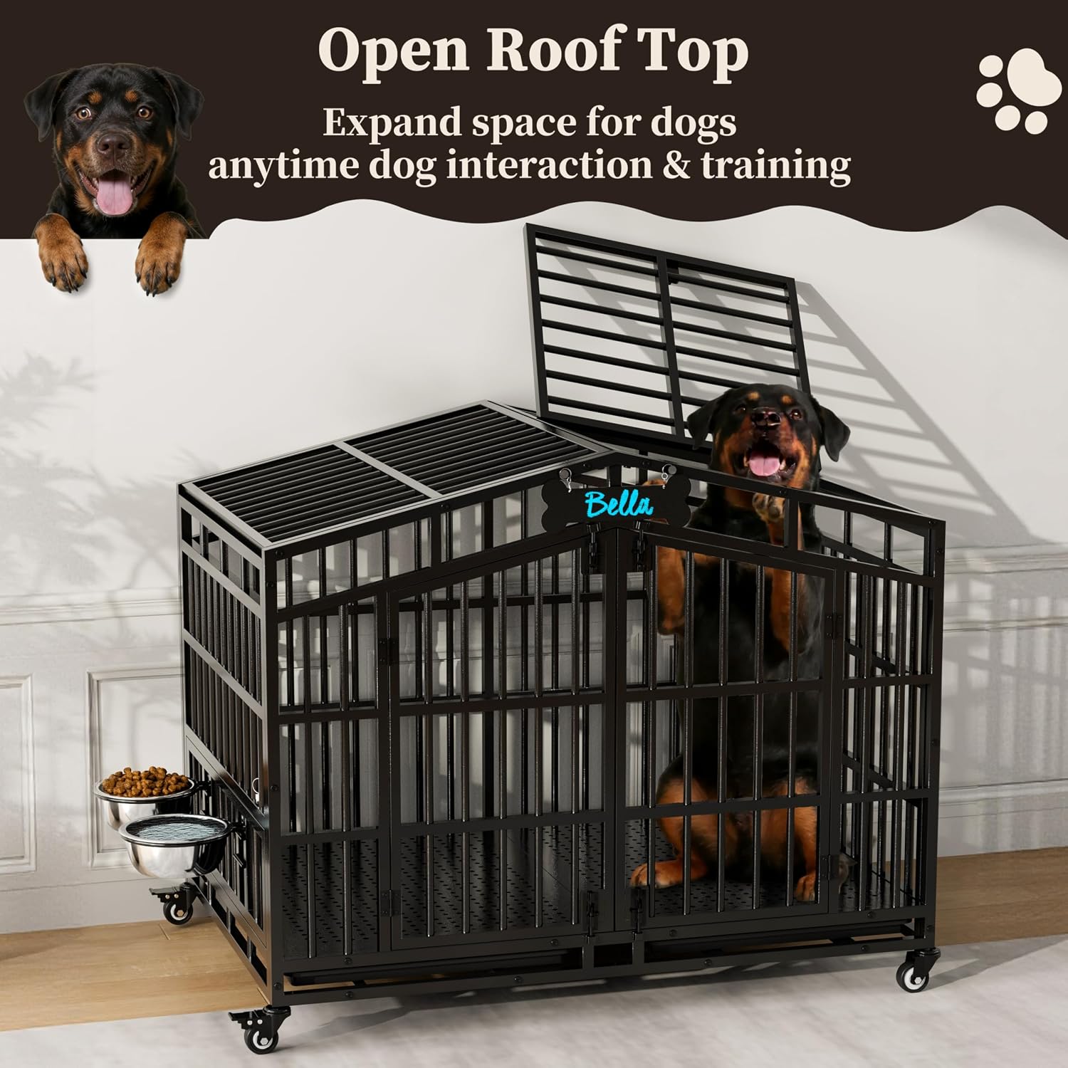 EasyCom 41 inch Heavy Duty Indestructible Dog Crate, Extra Large Metal Dog Kennel with 2 Adjustable Bowls, Open Top & Lockable Wheels, Escape Proof Indoor Cage for High Anxiety Large & Medium Breeds