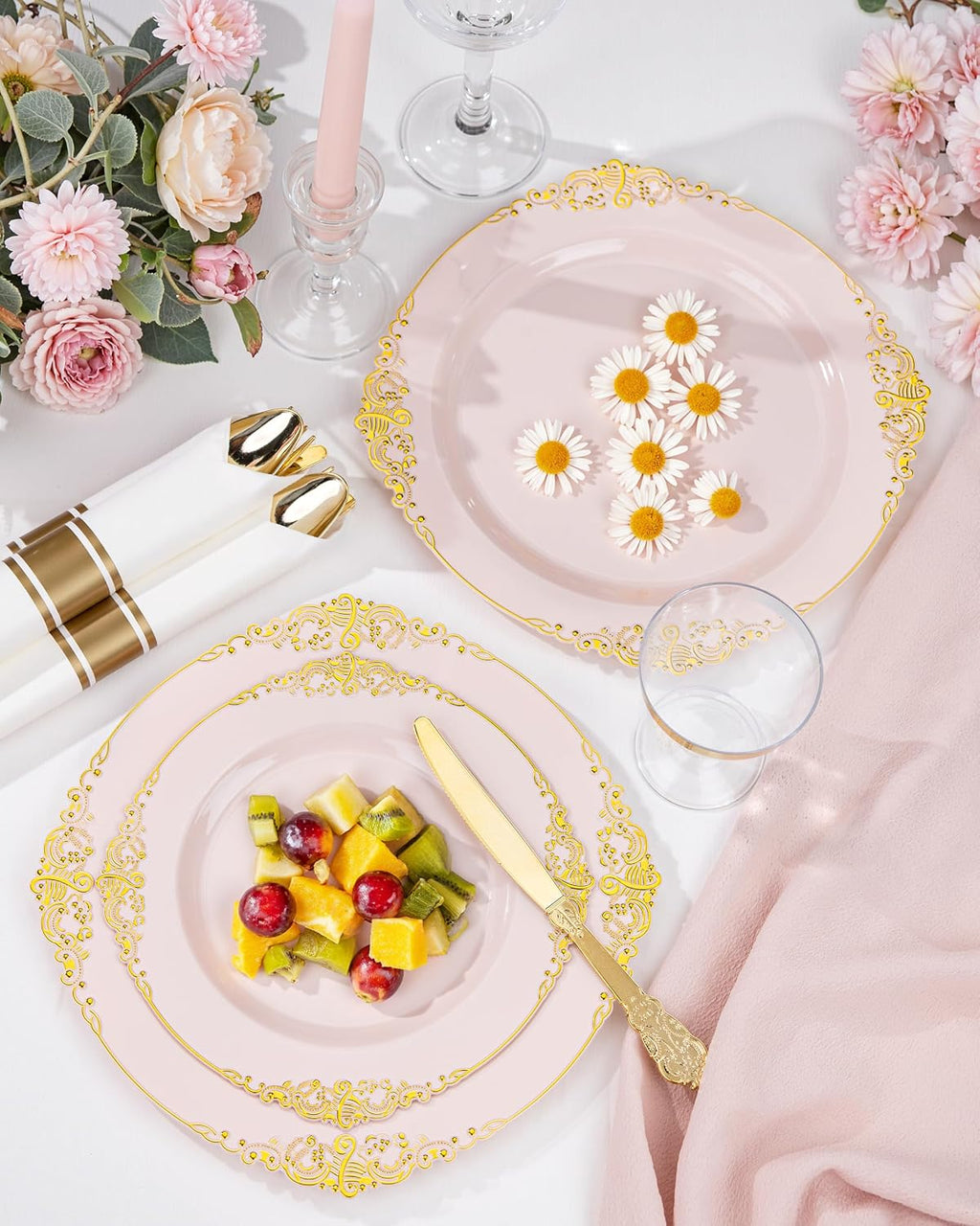 Nervure 700PCS Pink Gold Plastic Plates - Pink Plastic Dinnerware Sets for 100 Guests - 200 Disposable Plates, 300 Silverware, 100 Cups, 100 Napkins for Wedding, Party