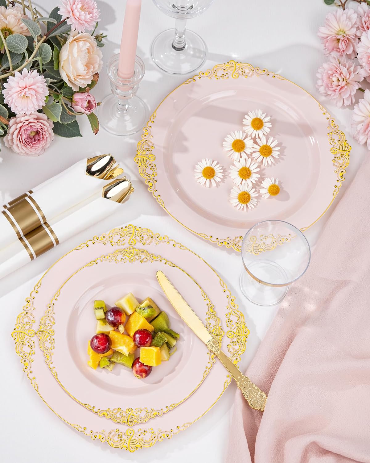 Nervure 700PCS Pink Gold Plastic Plates - Pink Plastic Dinnerware Sets for 100 Guests - 200 Disposable Plates, 300 Silverware, 100 Cups, 100 Napkins for Wedding, Party