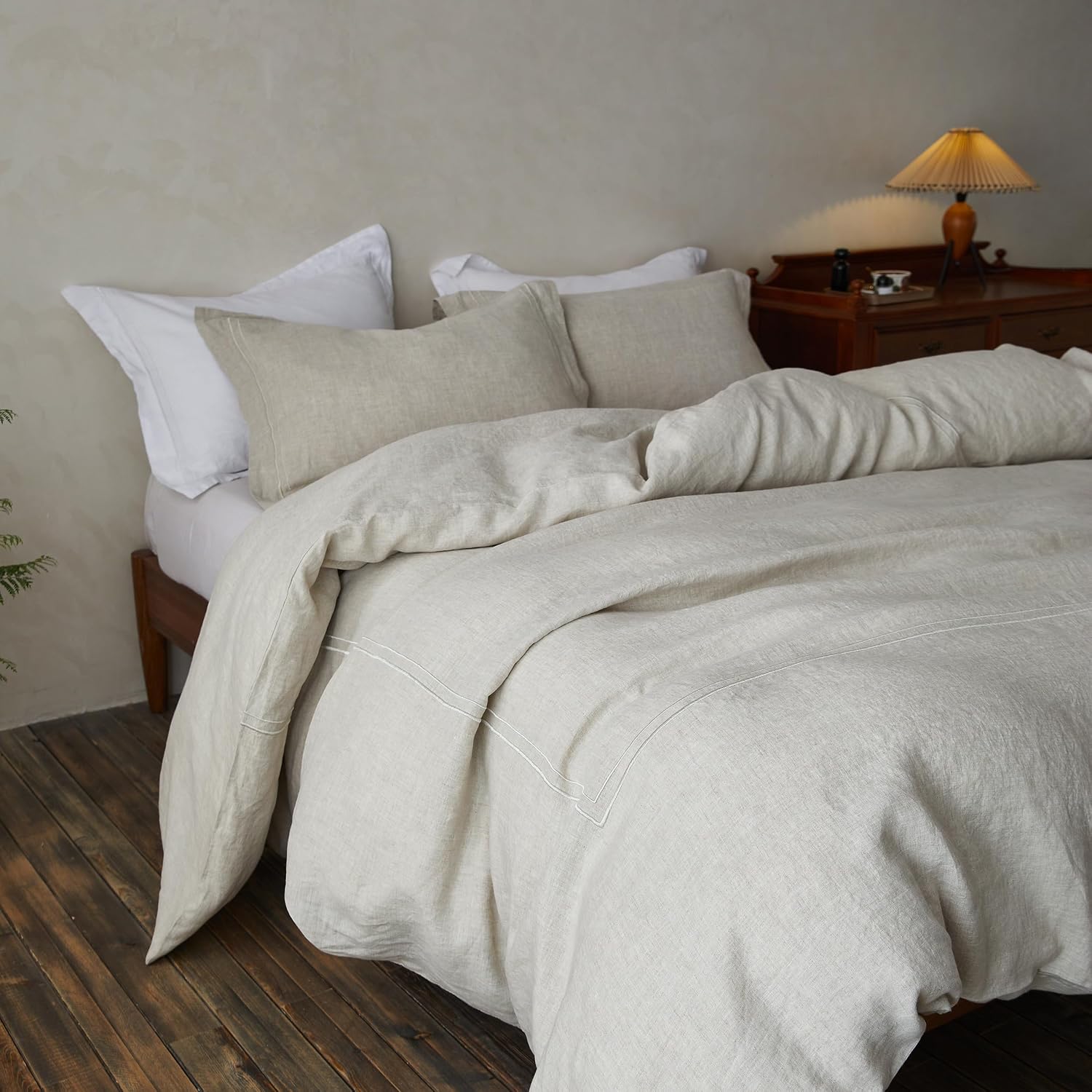 Simple&Opulence 100% Washed Linen Duvet Cover Set 88'x92' - 3 Pieces Soft Farmhouse Comforter Set Double Embroidered with Button Closure - 1 Duvet Cover and 2 Pillowshams (Linen, Queen)