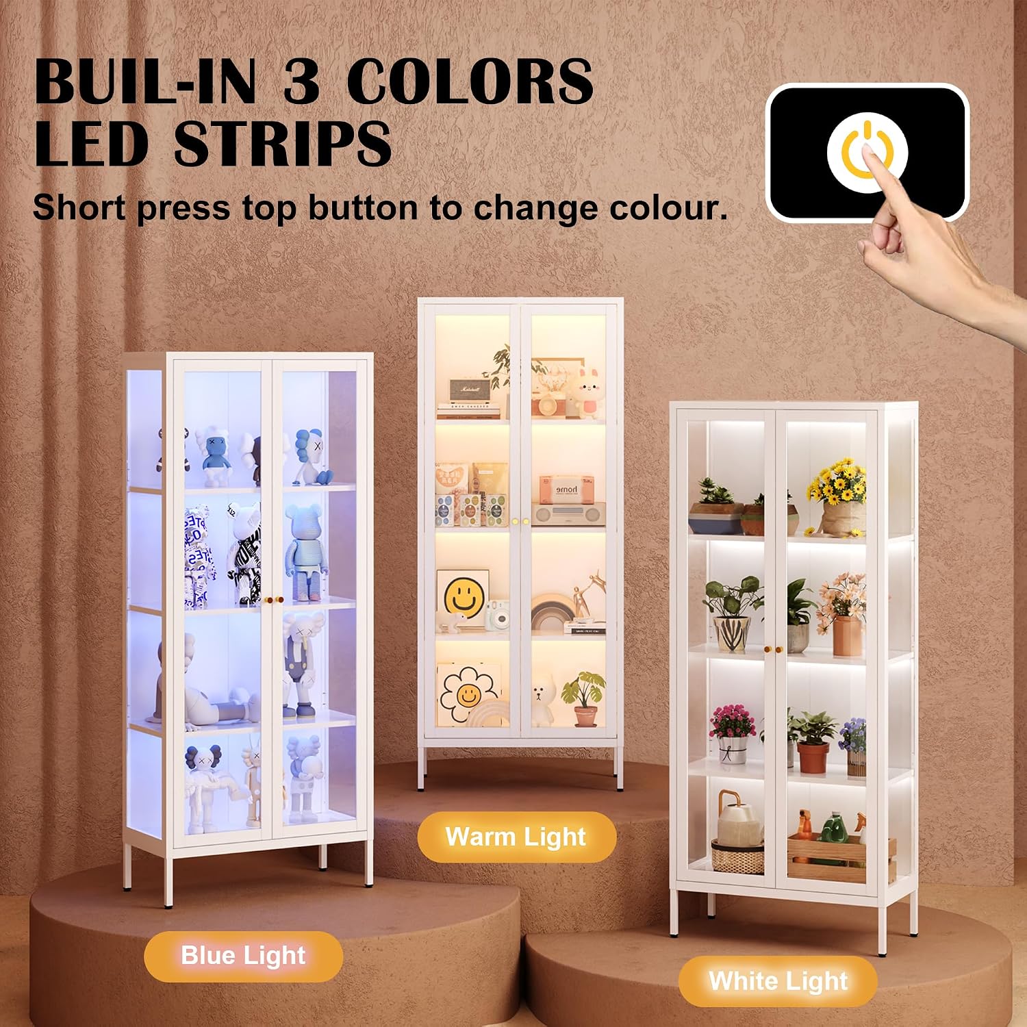 SteeLoong 66'Glass Display Cabinet with 3 Color LED Lights,Metal Curio Cabinet with Glass Doors,4-Tier Display Case for Collectibles,Book,Plant,White Storage Cabinets For Living Room-Assemble Required