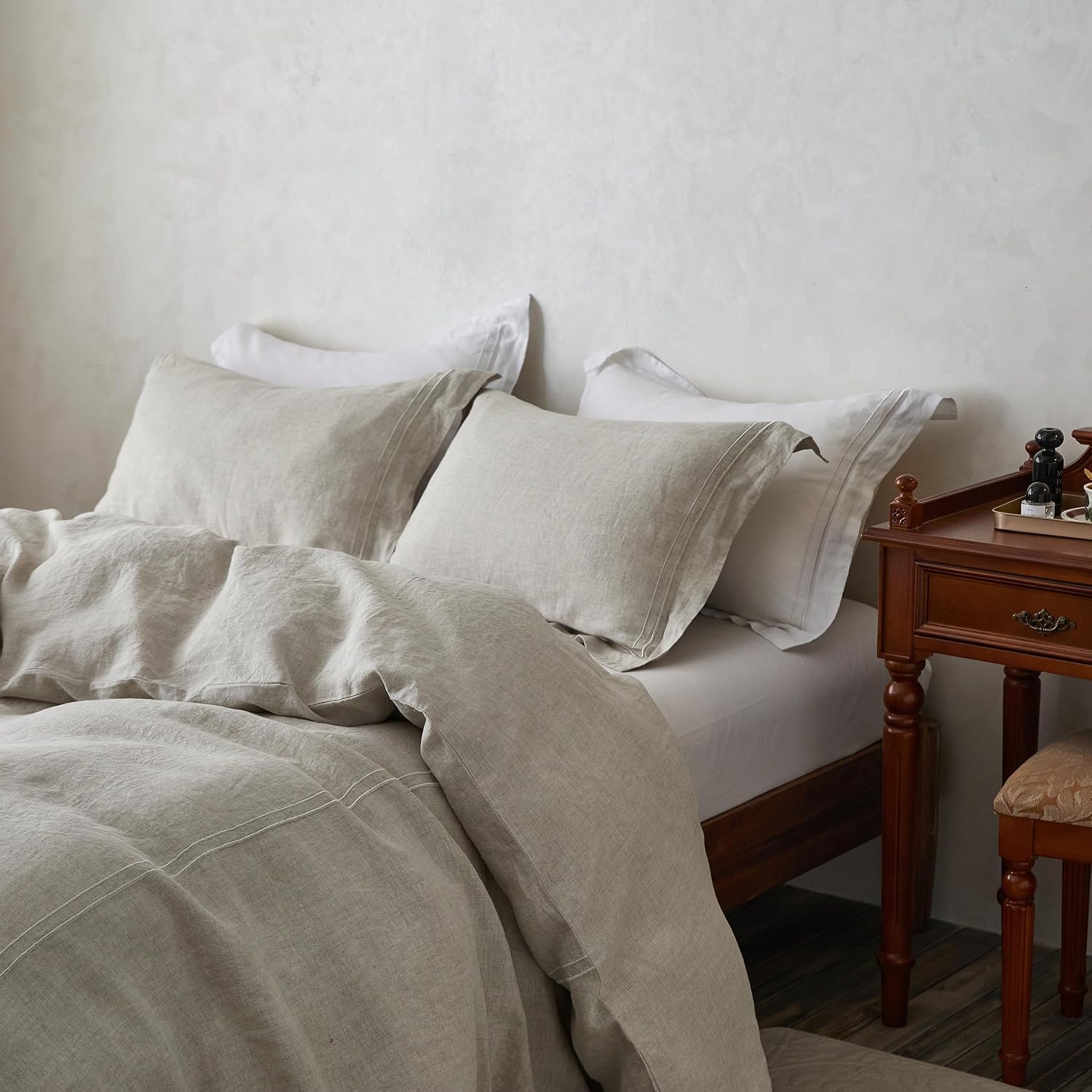 Simple&Opulence 100% Washed Linen Duvet Cover Set 68'x86' - 2 Pieces Soft Farmhouse Comforter Set Double Embroidered with Button Closure - 1 Duvet Cover and 1 Pillowsham (Linen, Twin)