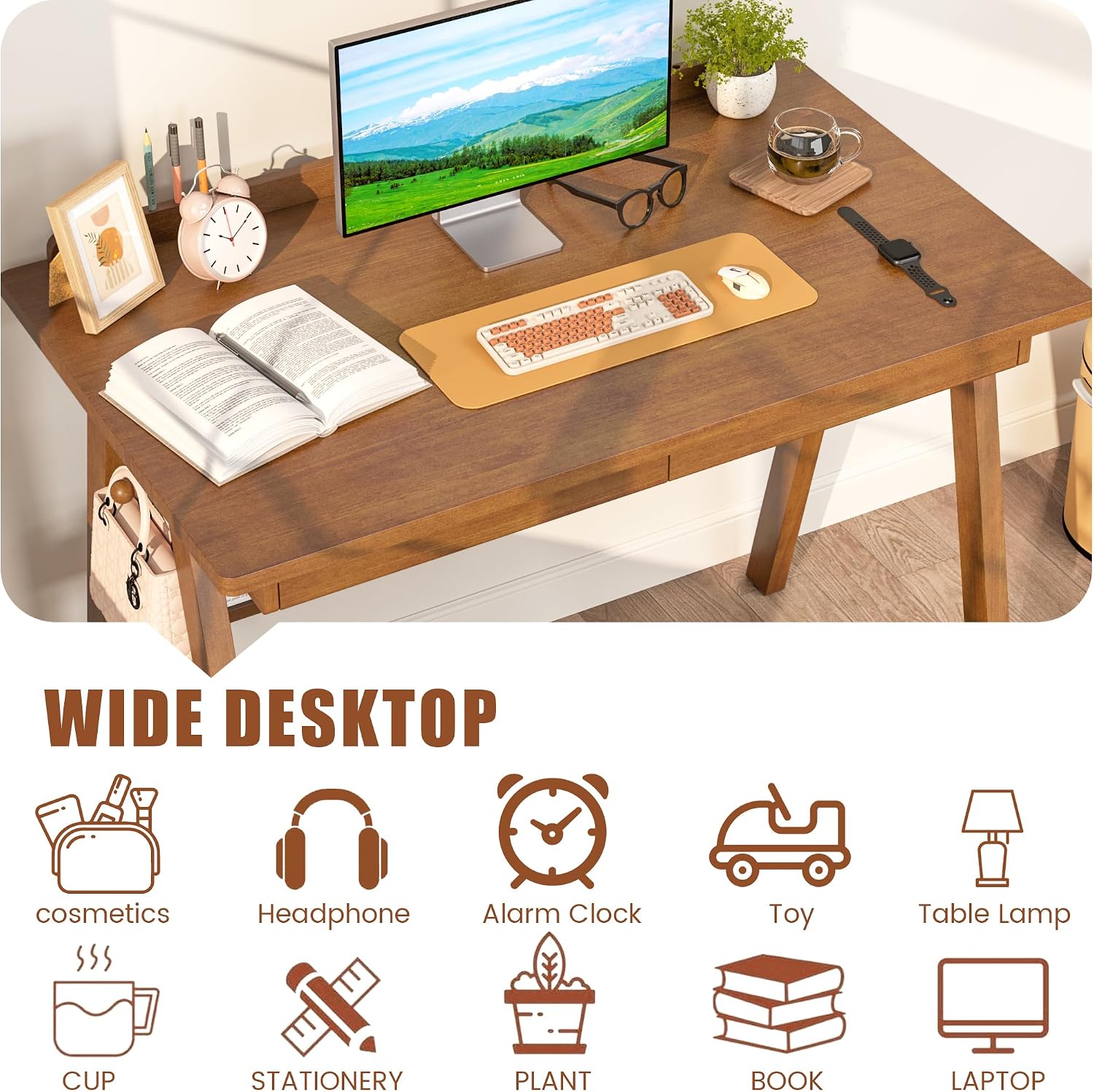 100% Solid Wood Desk with Drawers & Storage Shelf - 40 x 24 Inch Mid Century Modern Desks, Vintage Writing Desk with Deeper Desktop, Home Office Computer Desks for Bedroom & Home-Walnut Color
