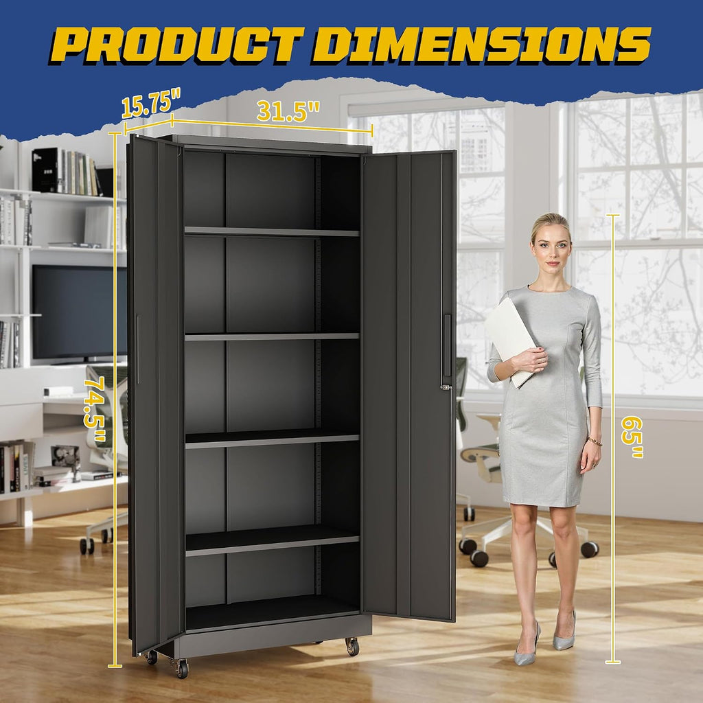 Metal Storage Cabinet with Doors and Adjustable Shelves, 73' Steel Garage Storage Cabinets with Wheels, Locking Tool Cabinet Utility Cabinets for Garage,Bathroom,Kitchen,Home Office,School