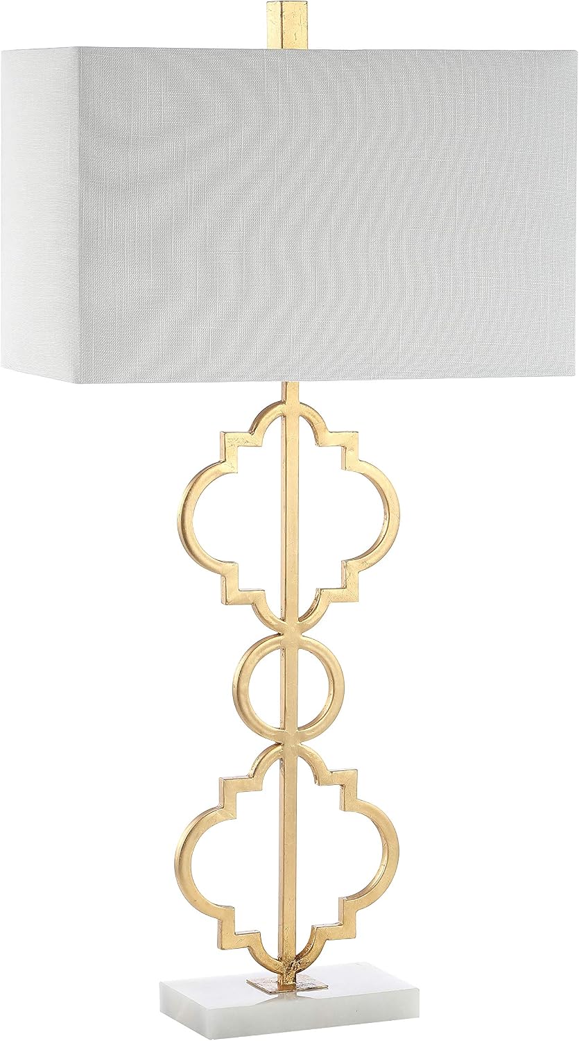 JONATHAN Y 32' Gold Selina Ogee Trellis LED Table Lamp, Glam Modern Iron Geometric Lamp for Living Room Bedroom, White Linen Rectangle Shade, LED Bulb Included JYL3072A