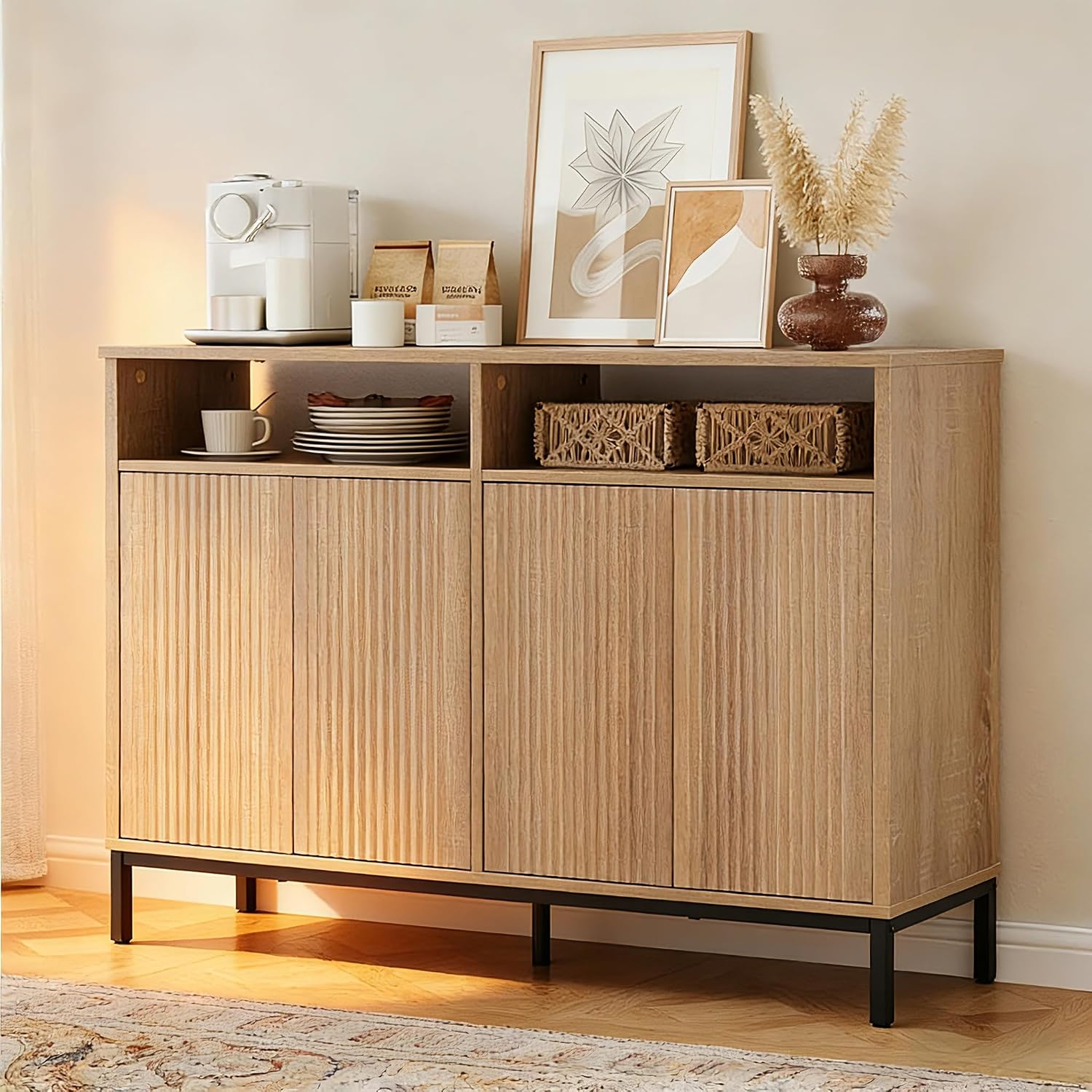 46 inch Sideboard Buffet Cabinet with Open Storage Shelf, Modern Fluted Credenza with 4 Doors and Adjustable Shelf, Large Coffee Bar Storage for Kitchen, Entryway