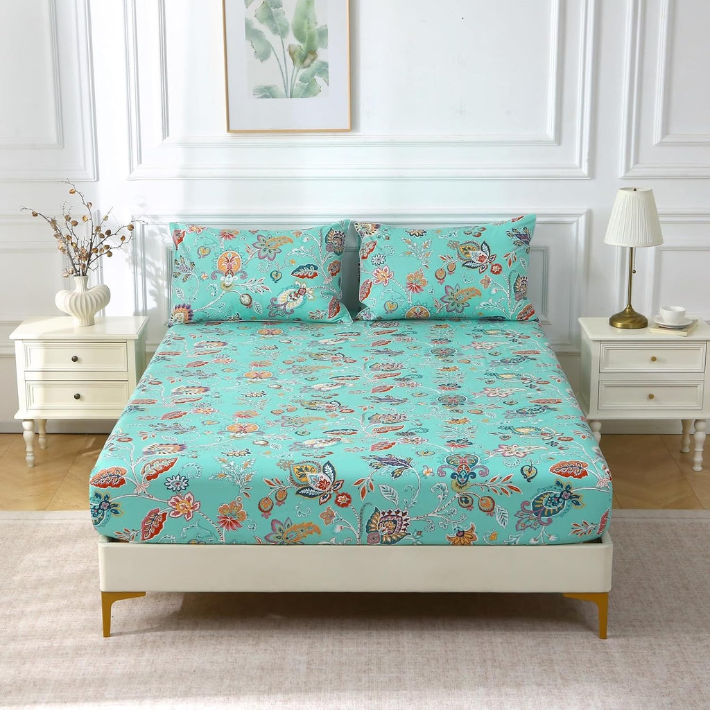 ABREEZE Sheets Set Blue Floral Bedding Rustic Flower Botanical Bed Sheet Set Vintage Farmhouse Bedding 100% Cotton Ultra Soft Breathable Beddings with Deep Pocket Fitted Sheet 4Pcs, King Size