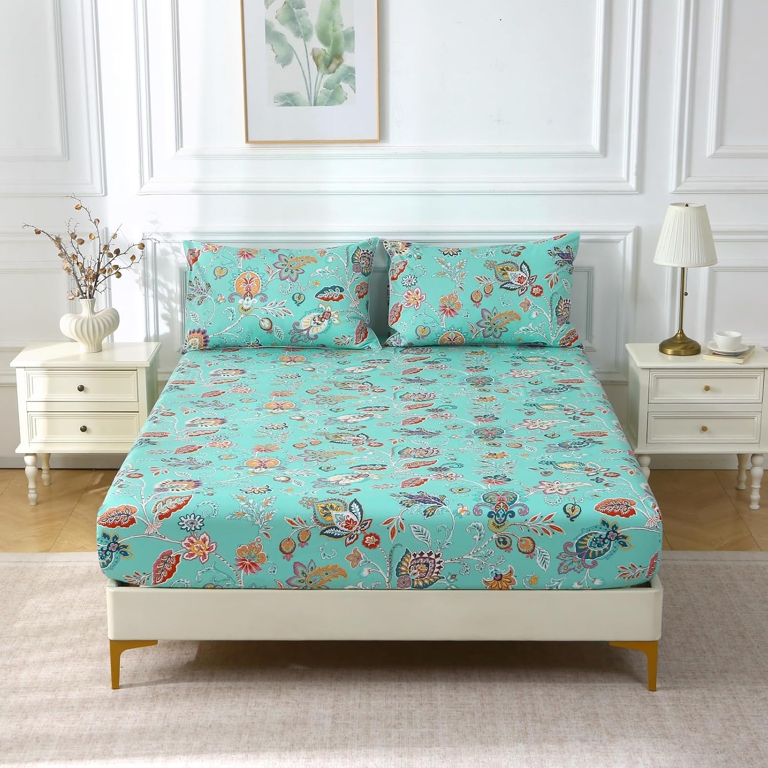 ABREEZE Sheets Set Blue Floral Bedding Rustic Flower Botanical Bed Sheet Set Vintage Farmhouse Bedding 100% Cotton Ultra Soft Breathable Beddings with Deep Pocket Fitted Sheet 4Pcs, King Size