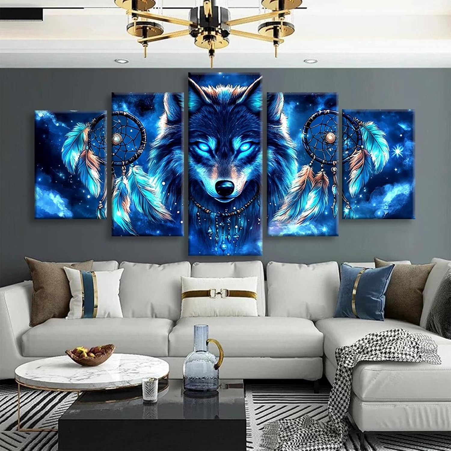 Dream Diamond Art 5 Piece Diamond Painting Wolf 5D Full Round Drill Dimond Art Paintings Crystal Rhinestones Crafts for Adults Gem Painting for Home Decor, Large Artwork for Wall 36 x 70 Inch,Model237