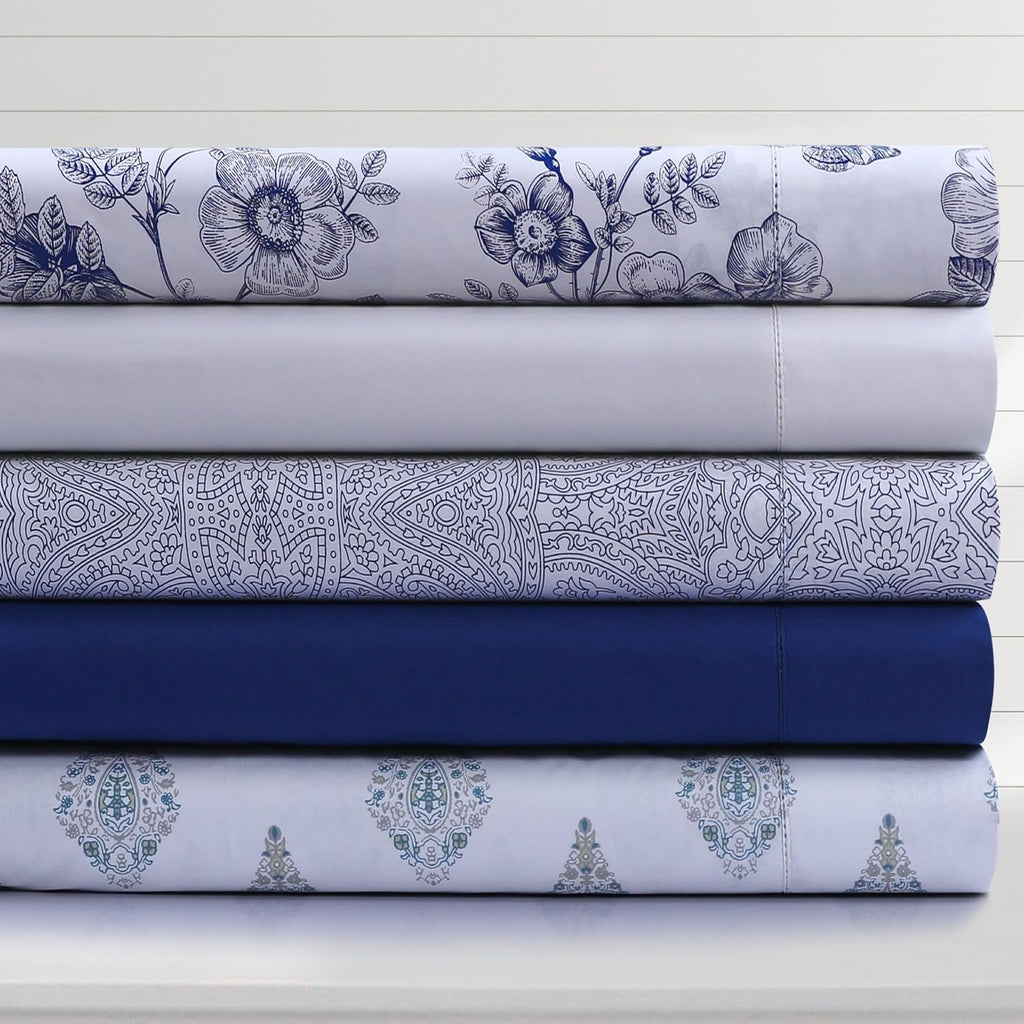 Tribeca Living Organic Cotton Queen Percale Sheets - 400 Thread Count, Extra Deep Pocket, Smooth, Crisp and Breathable, 4-Piece Bedding Set, Evelyn