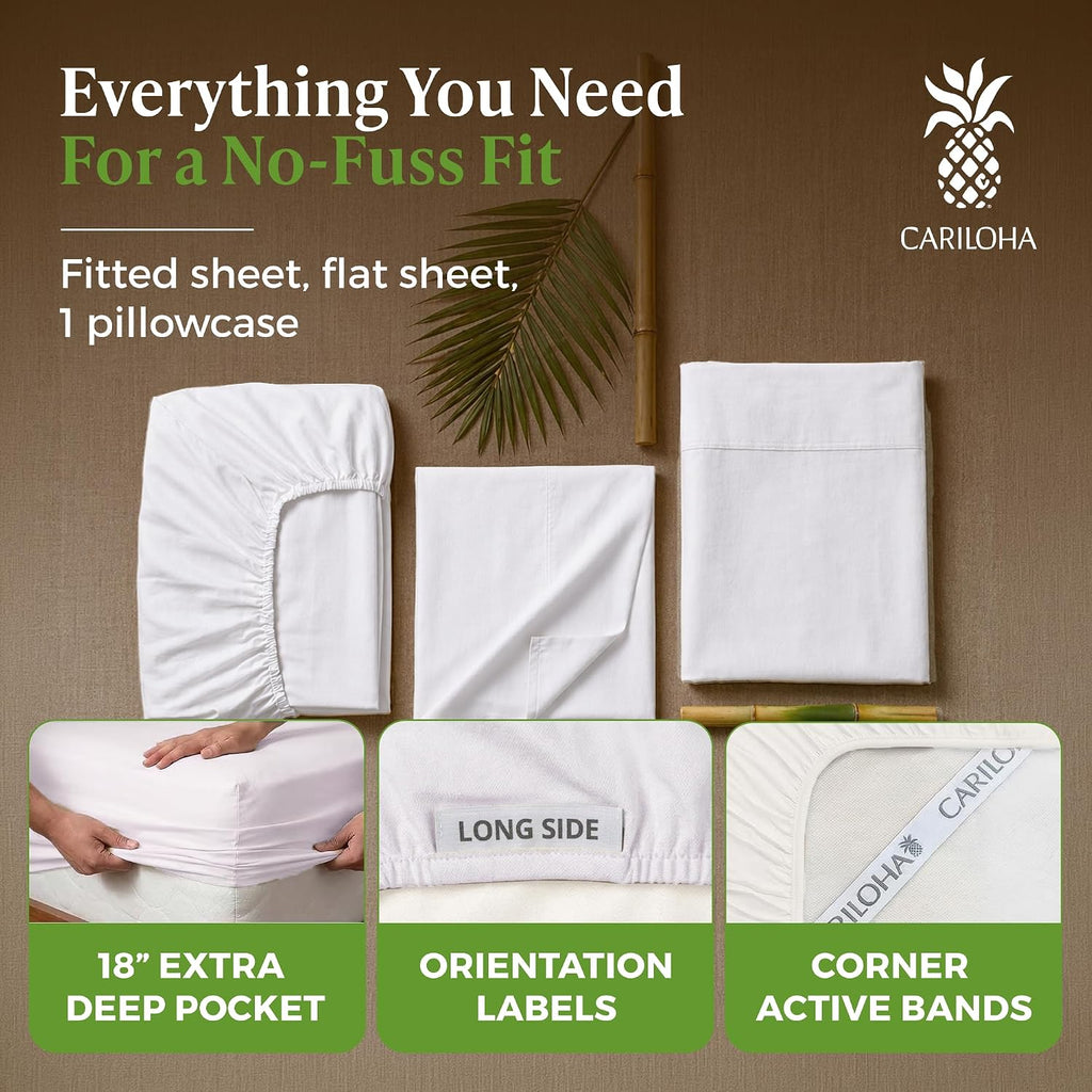 Cariloha Classic 4-Piece Twill Sheet Set | Ivory | Split King | Viscose Material | Allergy Resistant and Extra Soft | Cooling for Hot Sleepers | Corner Bands