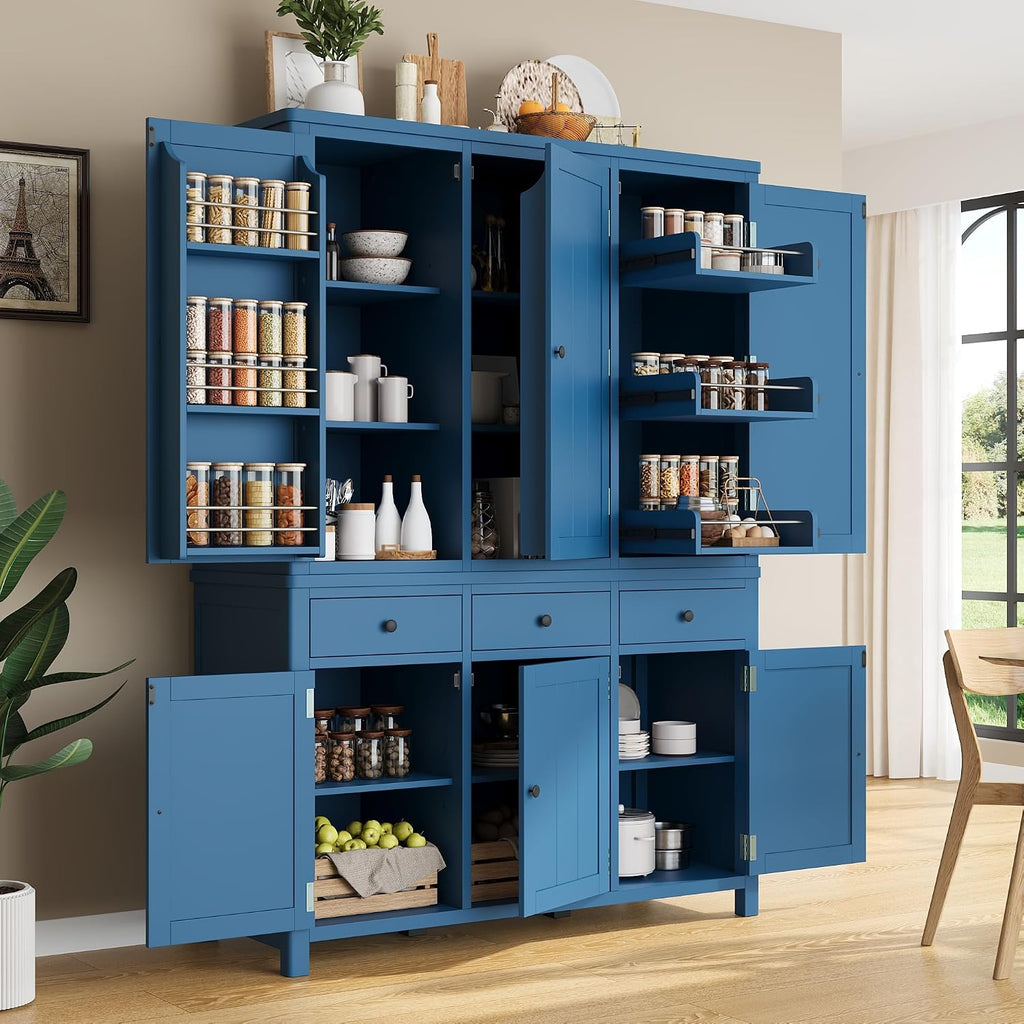 Farmhouse 74.8''H High Freestanding Kitchen Pantry, 53''Lx20''W Wooden Large Cupboard Storage Cabinet with Door Shelves, Adjustable Shelves, Pull-Out Trays and Drawers (Blue-6ds)