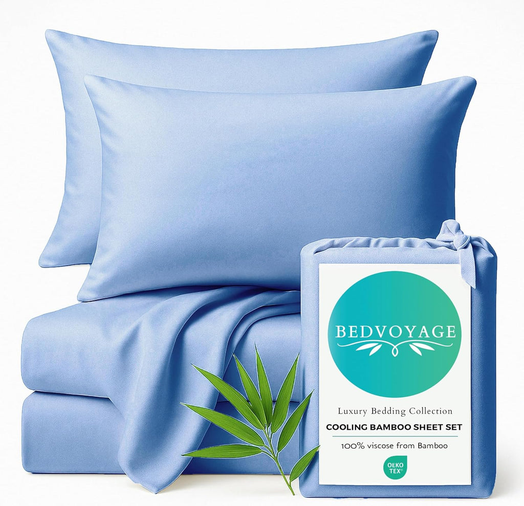 BedVoyage Cooling Sheets Queen – Viscose from Bamboo, Sheet Set for Hot Sleepers, 18' Deep Pocket, Soft Breathable Bedding, Ocean